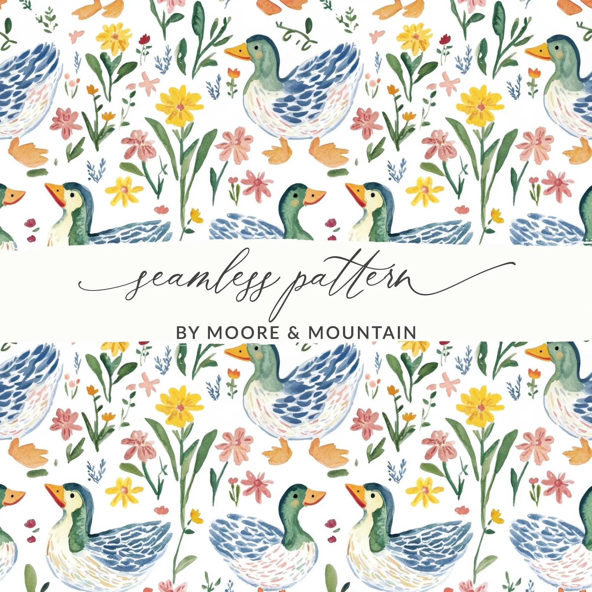 Duck and Floral Digital Paper, Watercolor Seamless Pattern, Farmhouse Style, 2 JPEG Scales, Cute Animal Print, Digital Download - Moore and Mountain