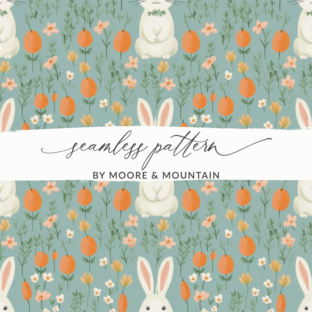 Easter Bunny Digital Paper, Light Blue Floral Pattern, Spring Rabbit Carrots, Pastel Seamless Pattern, Cute Digital Design for Crafts - Moore and Mountain