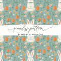 Easter Bunny Digital Paper, Light Blue Floral Pattern, Spring Rabbit Carrots, Pastel Seamless Pattern, Cute Digital Design for Crafts - Moore and Mountain