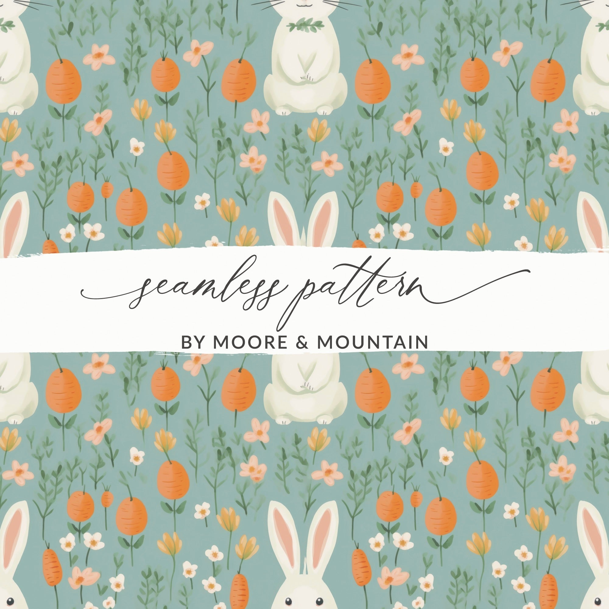 Easter Bunny Digital Paper, Light Blue Floral Pattern, Spring Rabbit Carrots, Pastel Seamless Pattern, Cute Digital Design for Crafts - Moore and Mountain