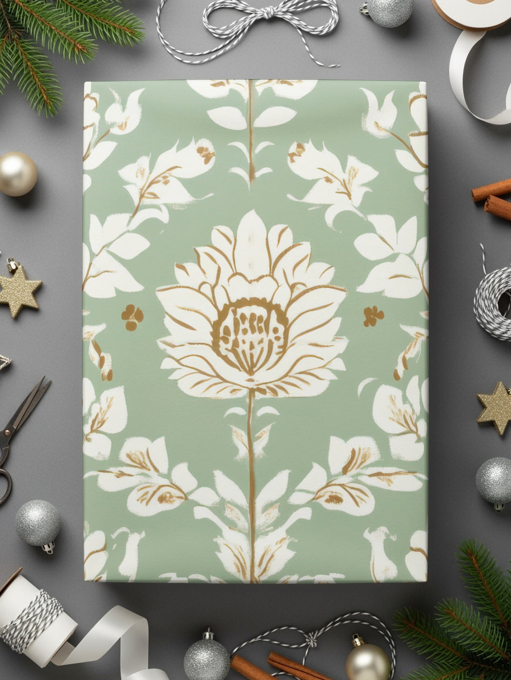 Elegant Floral Arrangement Indian Motif Pattern Repeat Sage Green Vintage Floral - Moore and Mountain