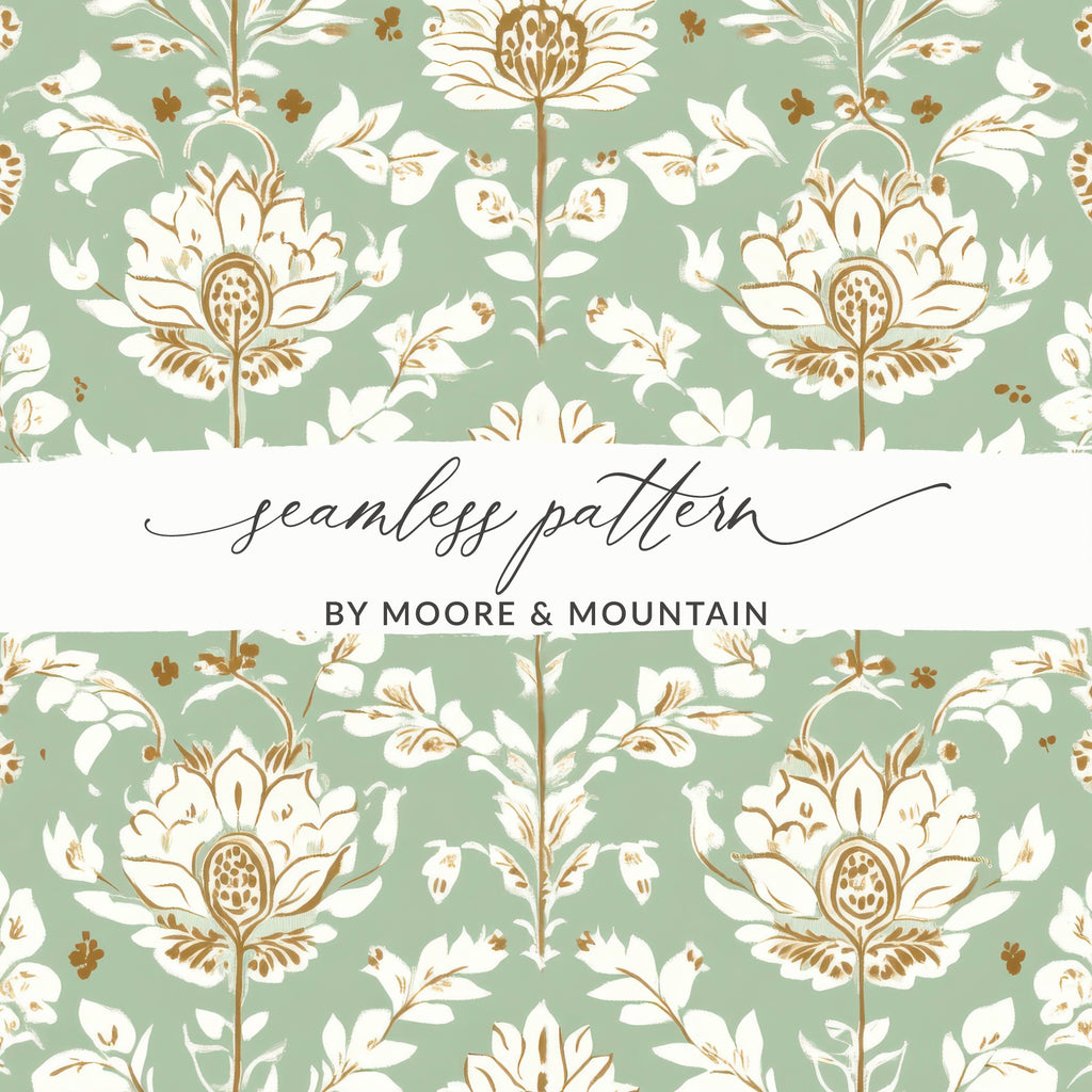 Elegant Floral Arrangement Indian Motif Pattern Repeat Sage Green Vintage Floral - Moore and Mountain