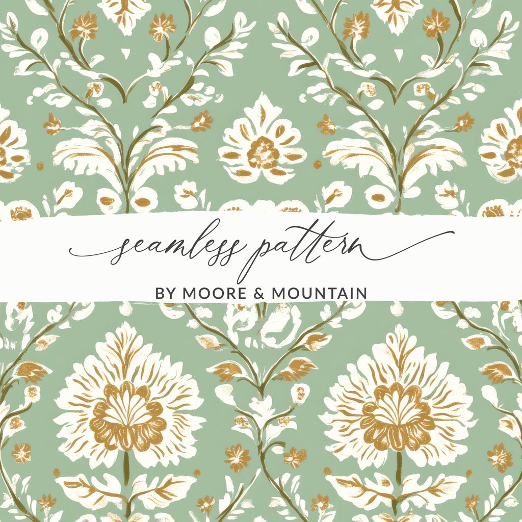 Elegant Floral Repeat Green Field Seamless Pattern Digital Art Nouveau - Moore and Mountain