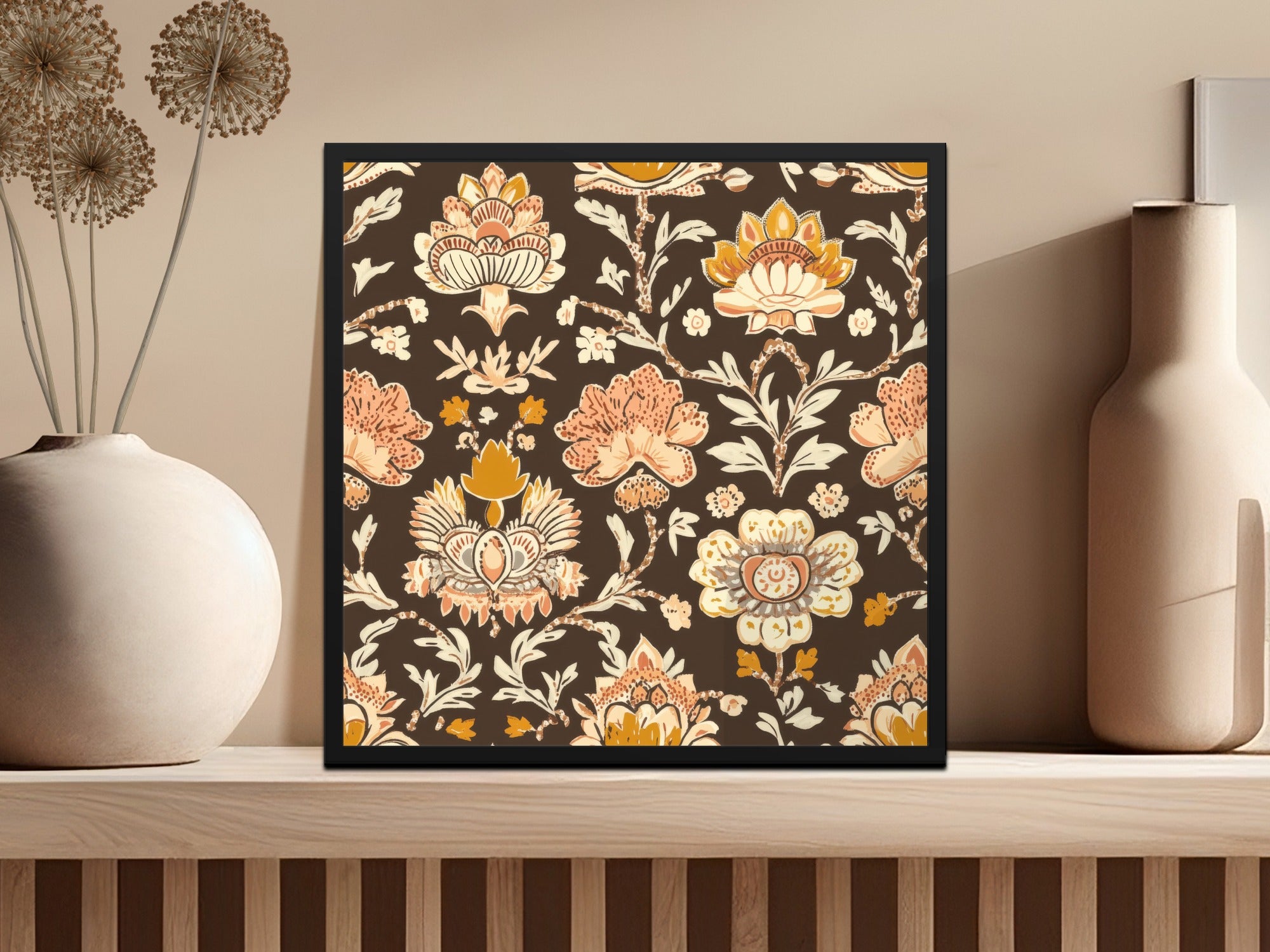 Elegant Indian Motif Design Seamless Pattern with Flowers Dark Brown Chintz - Moore and Mountain