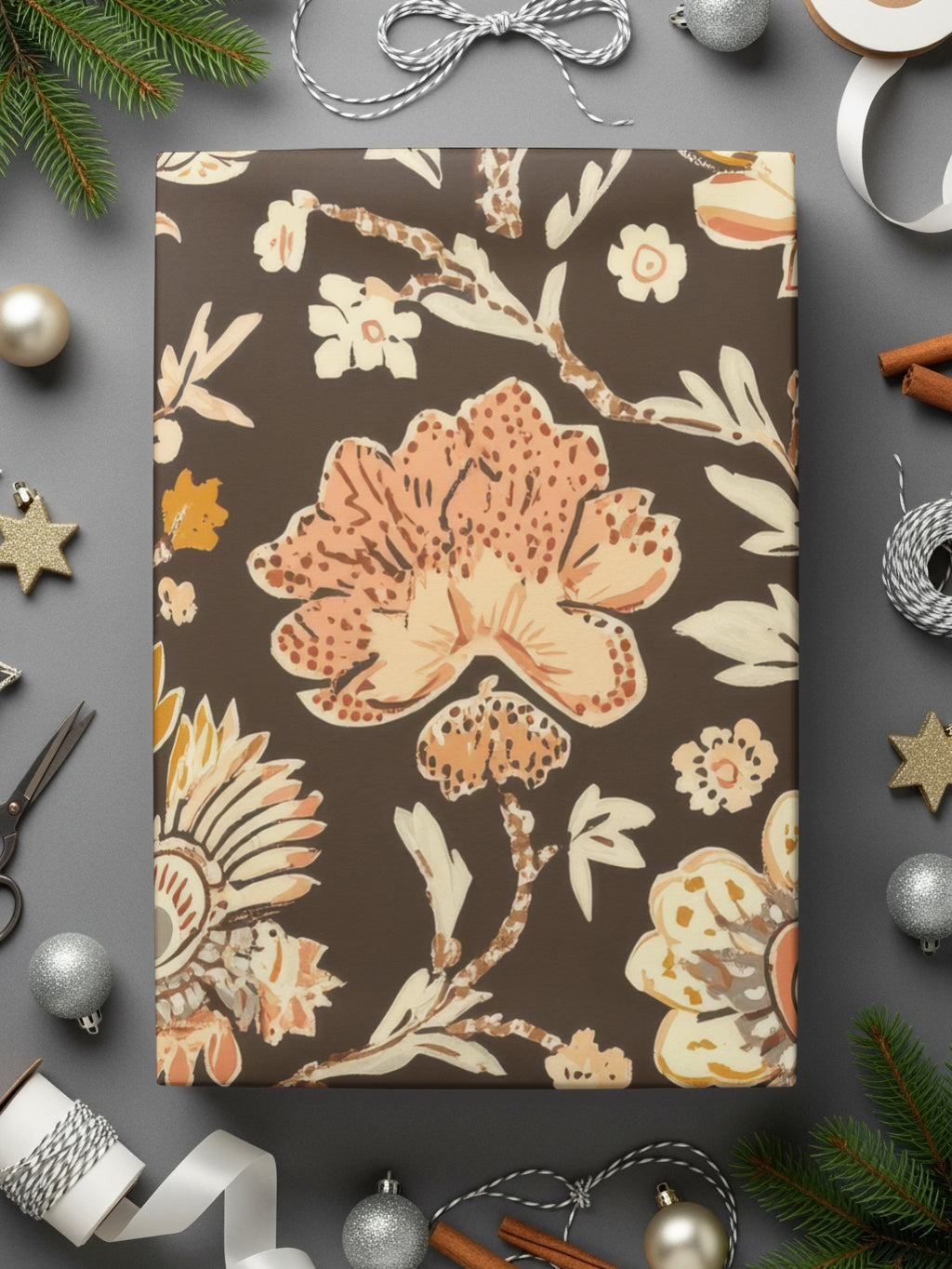 Elegant Indian Motif Design Seamless Pattern with Flowers Dark Brown Chintz - Moore and Mountain