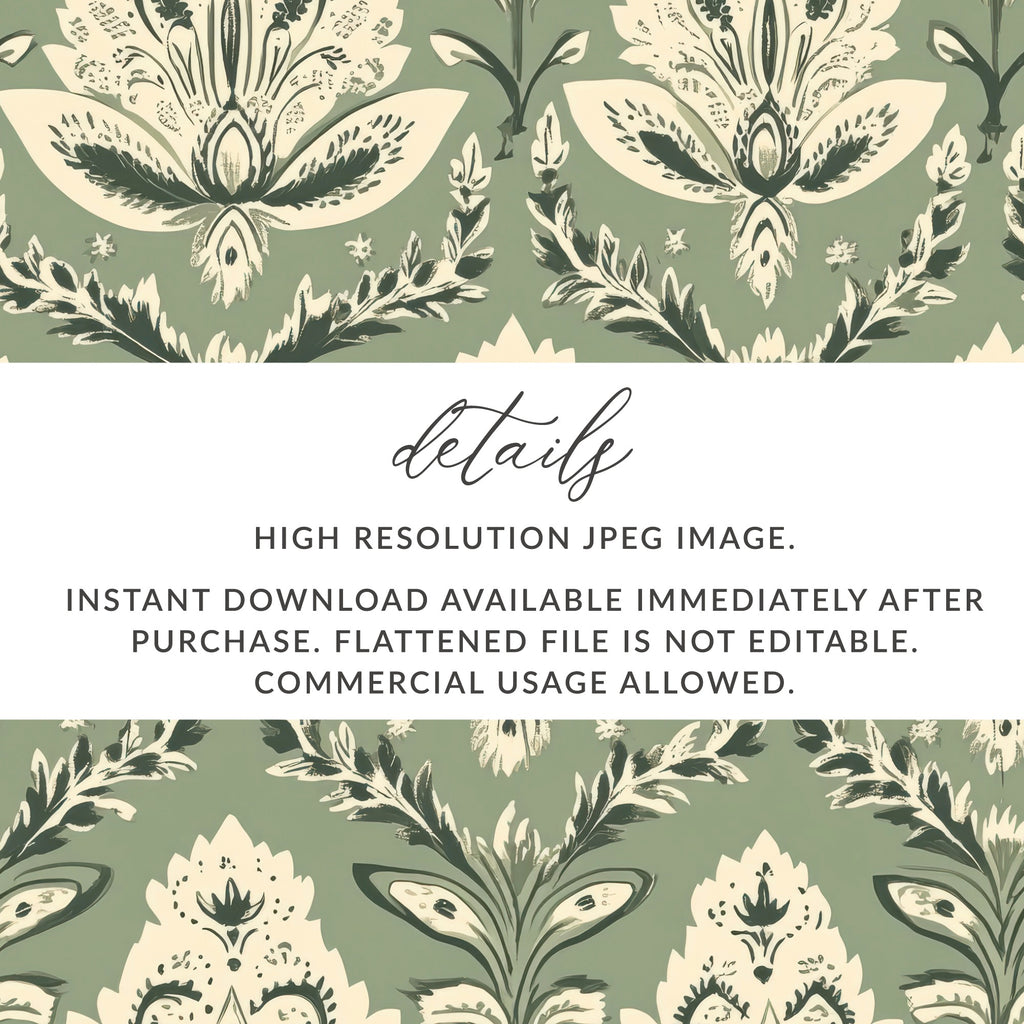 Elegant Kalamkari Art Inspired Seamless Indian Pattern Sage Green Motif - Moore and Mountain
