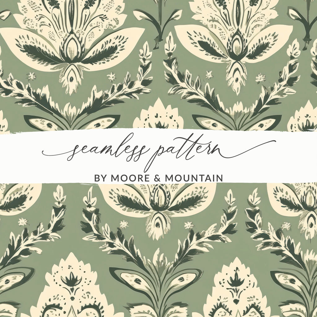 Elegant Kalamkari Art Inspired Seamless Indian Pattern Sage Green Motif - Moore and Mountain