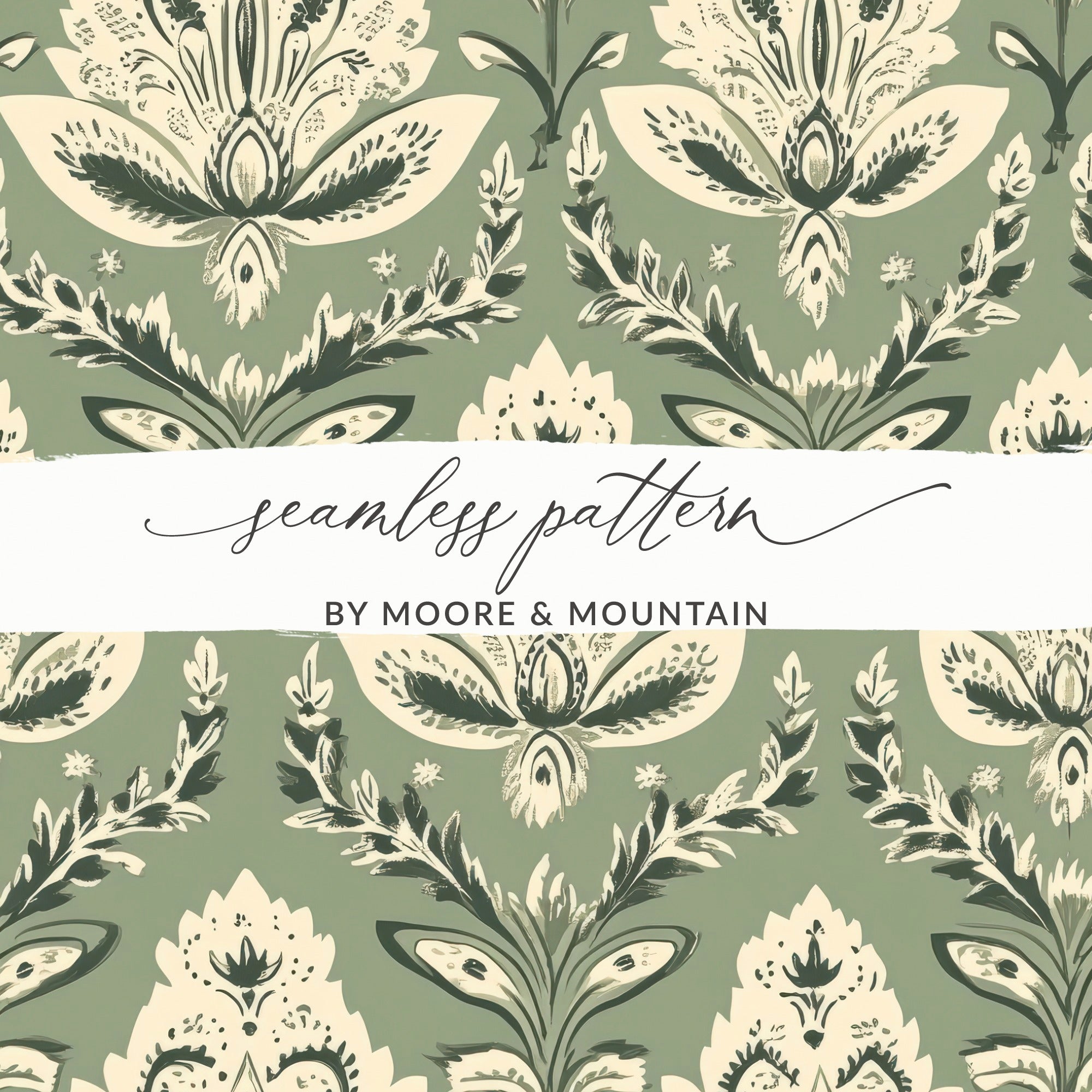 Elegant Kalamkari Art Inspired Seamless Indian Pattern Sage Green Motif - Moore and Mountain