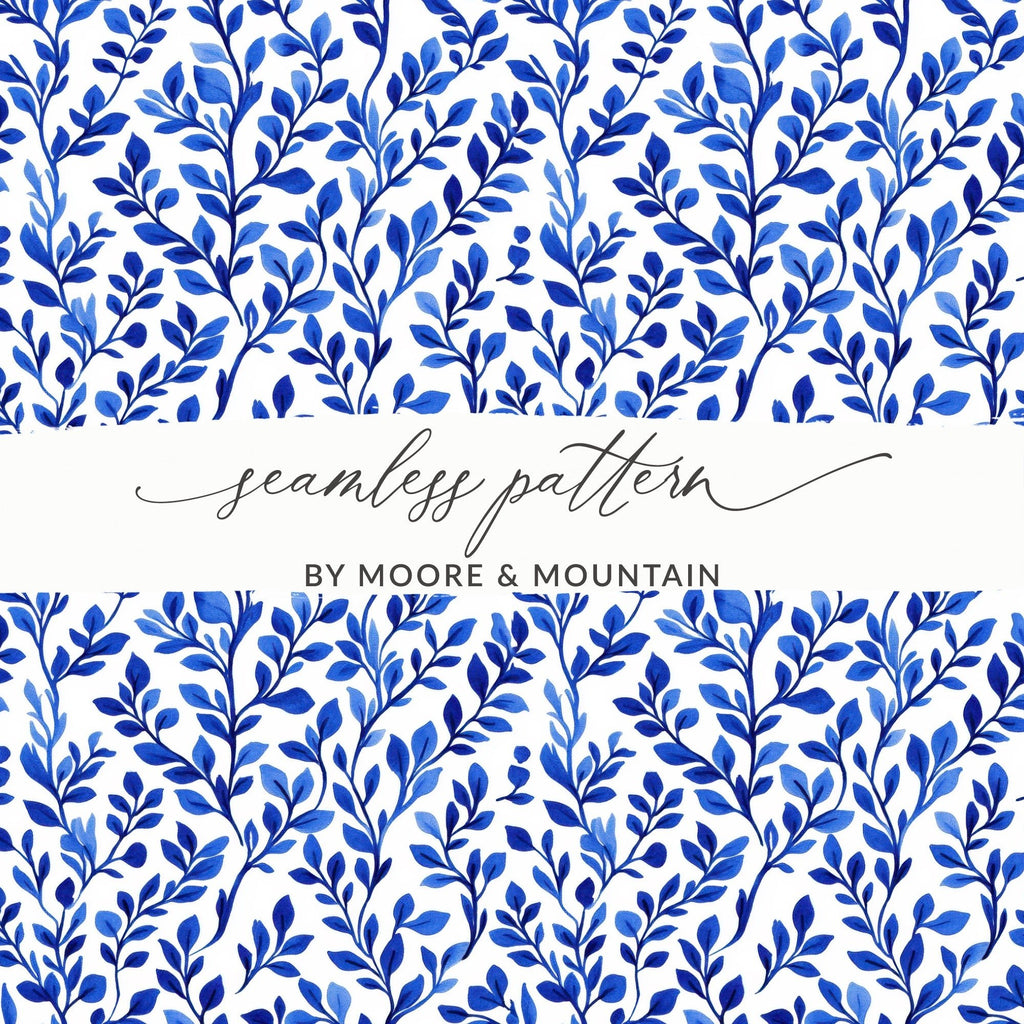 Elegant Navy Blue Botanical Leaves All Over Pattern Digital - Moore and Mountain