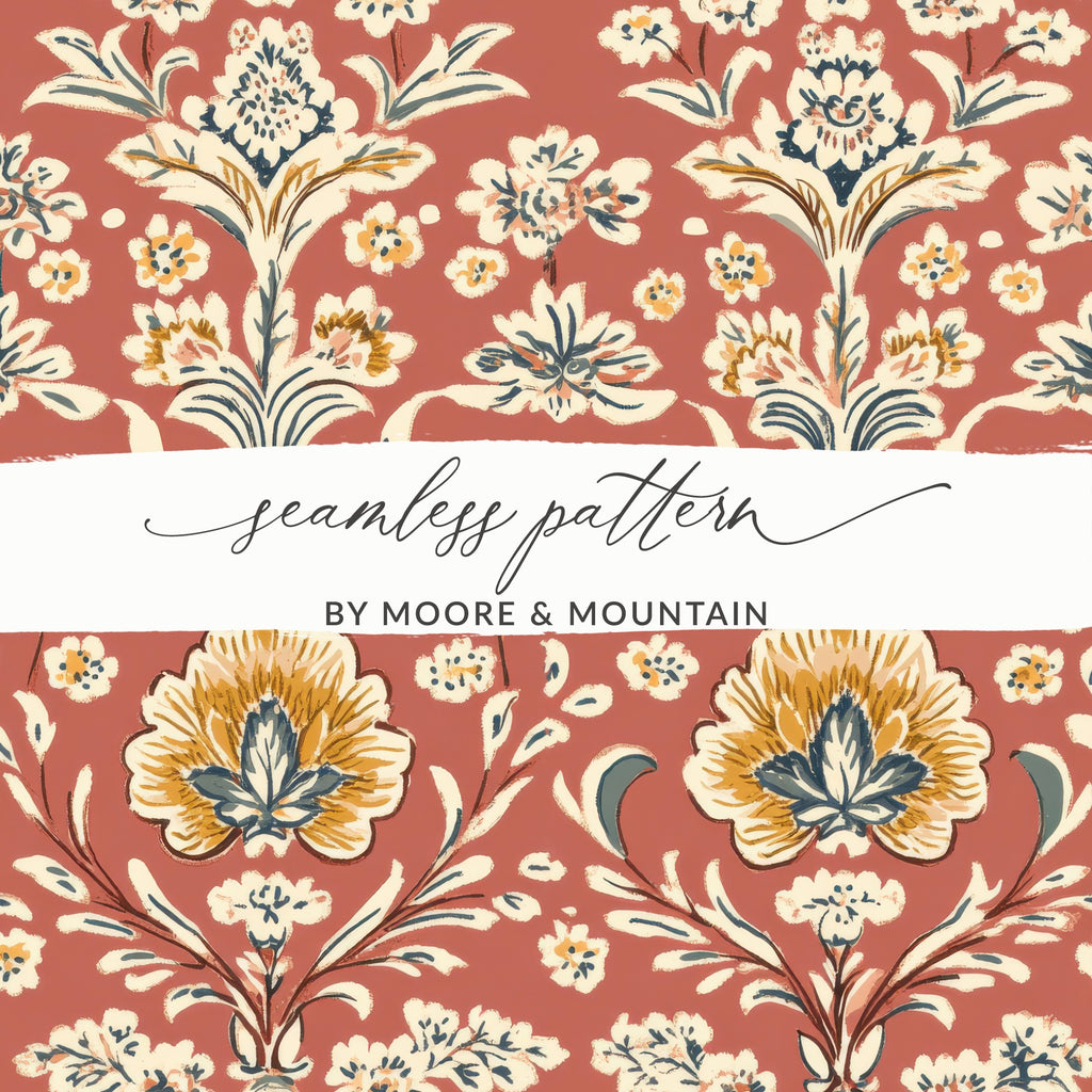 Elegant Red Indian Motif on Terracotta Background Seamless Pattern - Moore and Mountain