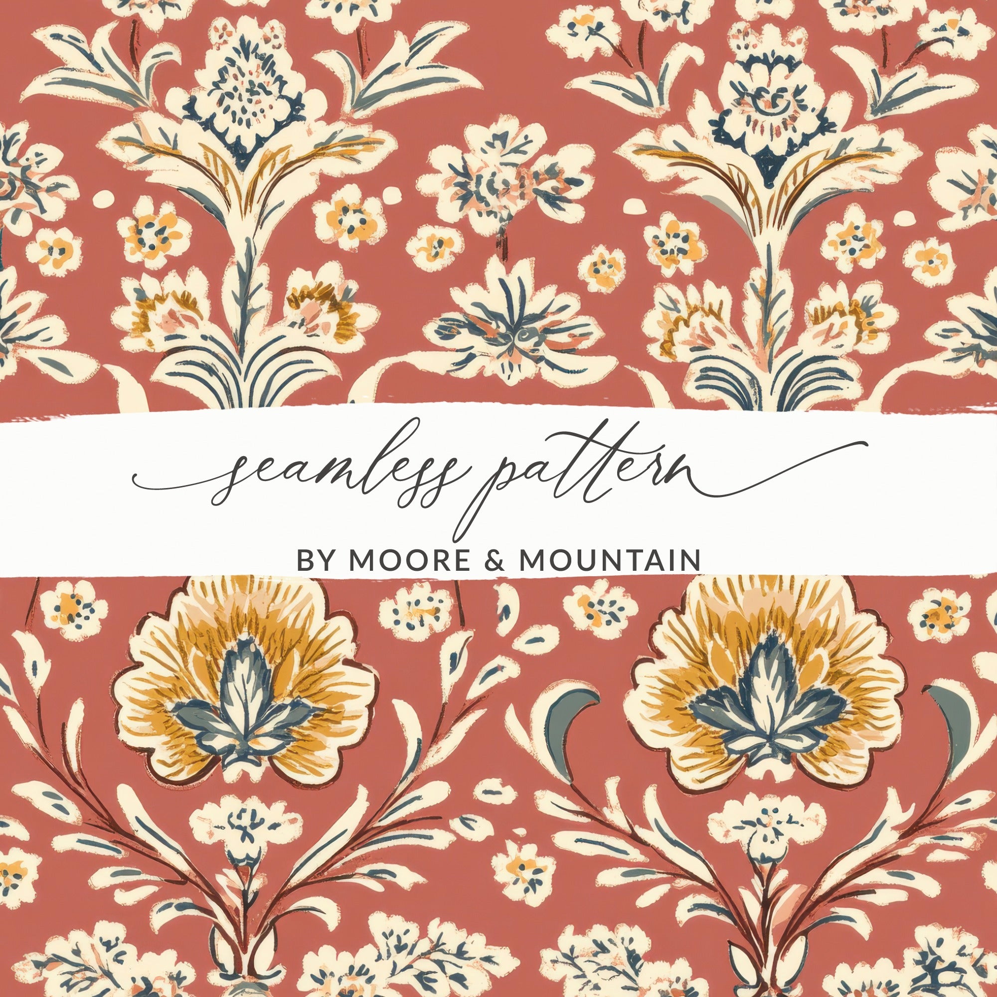 Elegant Red Indian Motif on Terracotta Background Seamless Pattern - Moore and Mountain