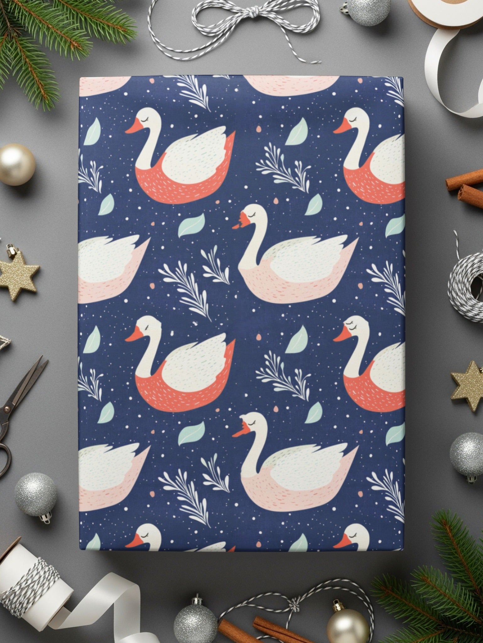 Elegant Swans on Navy Background Patterned Artwork Digital - Moore and Mountain
