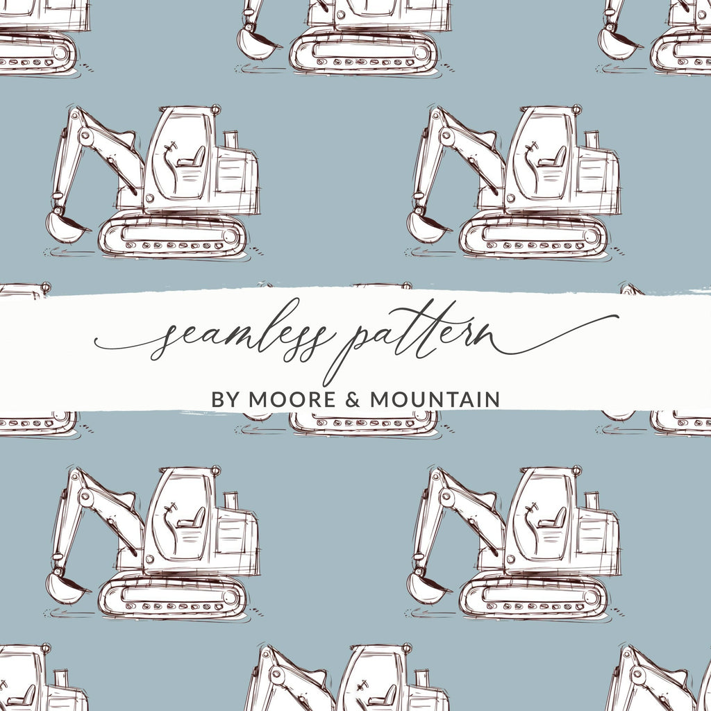 Excavator Sketch Pattern Digital, Seamless Pattern Background, Construction Equipment Illustration, Scrapbooking Paper - Moore and Mountain