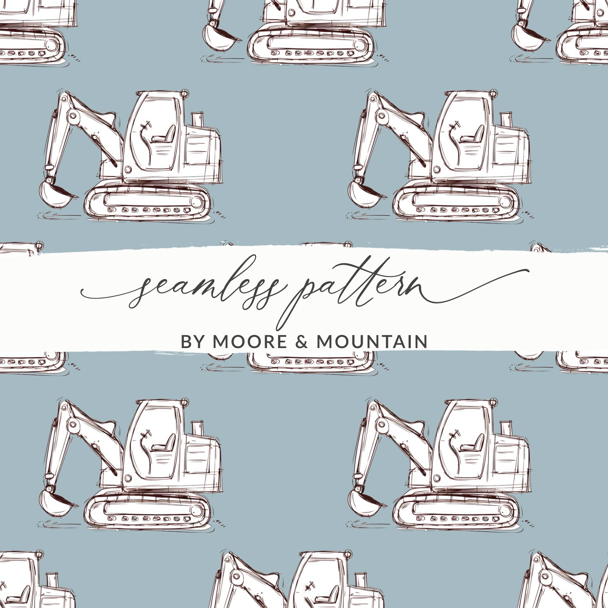 Excavator Sketch Pattern Digital, Seamless Pattern Background, Construction Equipment Illustration, Scrapbooking Paper - Moore and Mountain