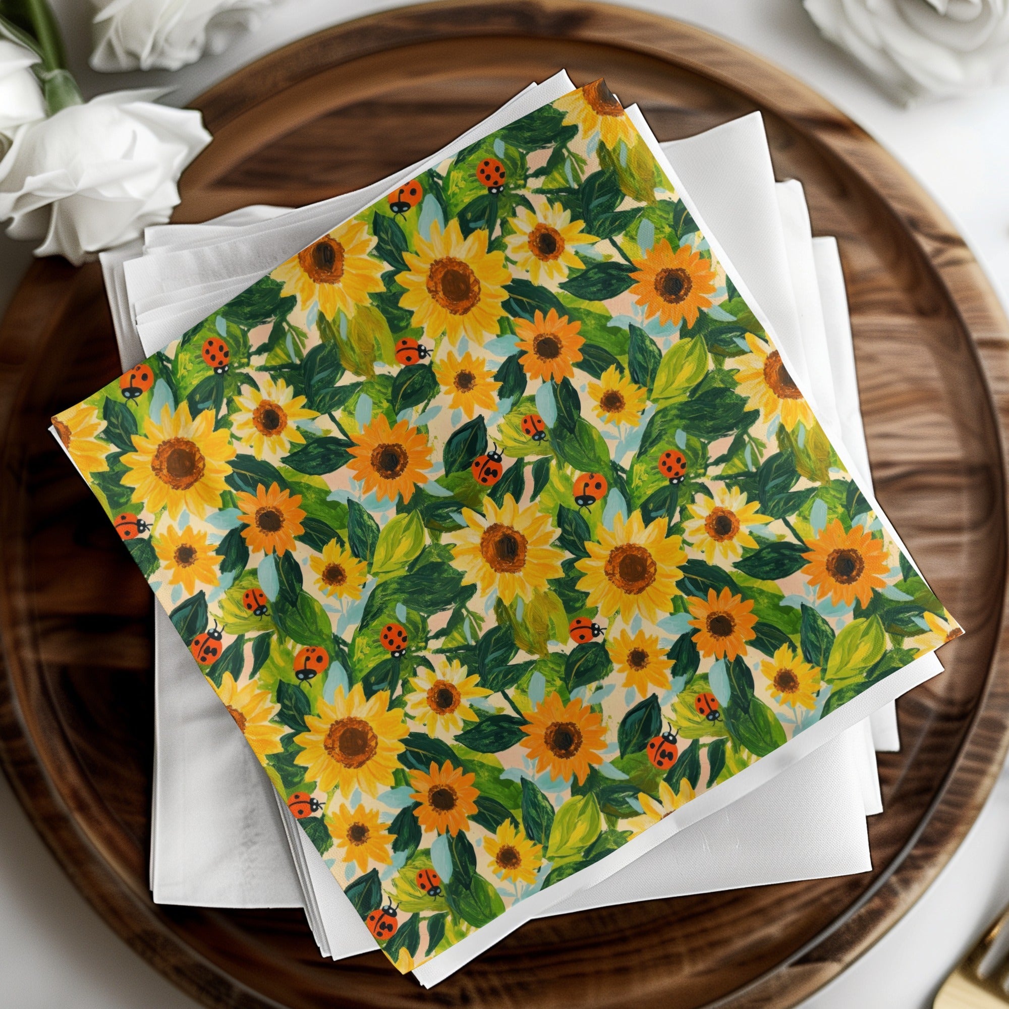 Fall Painted Acrylic Seamless Sunflower and Ladybug Seamless Pattern Bright Floral Design - Moore and Mountain