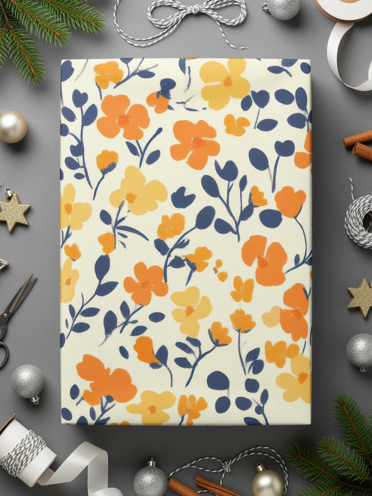 Festive Orange and Blue Floral Design Wrapping Paper