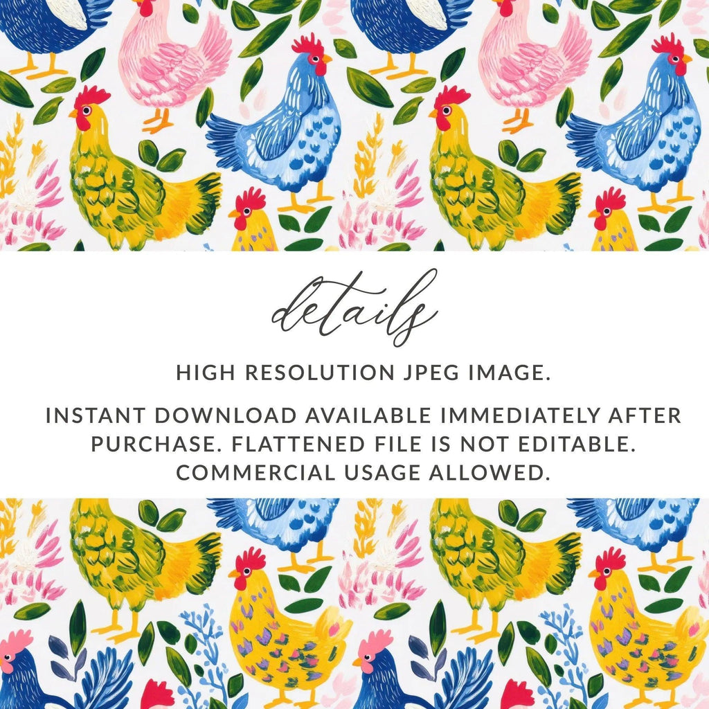 Farmhouse Chicken Digital Paper, Colorful Rooster Pattern, Seamless Chicken Design, Farm Animal Art, Digital Download - Moore and Mountain