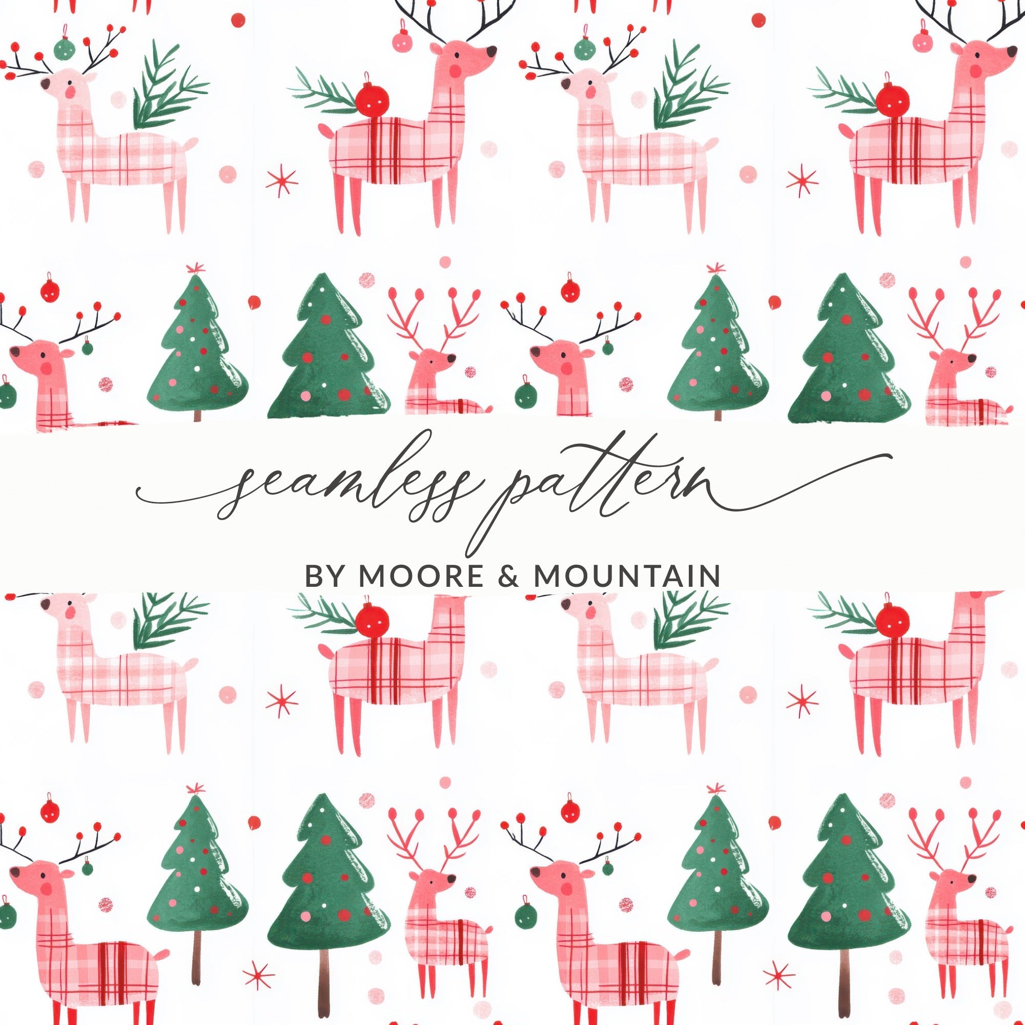Festive Deer Christmas Trees Pattern Holiday Design Digital - Moore and Mountain