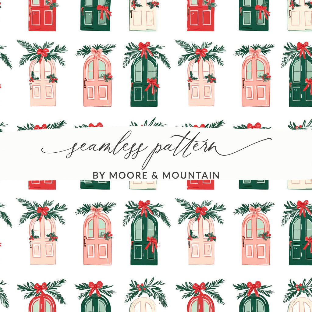 Festive Doors Digital Paper, Christmas Seamless Pattern, Holiday Design Resource, Scrapbooking Paper, Fabric Design, Background Texture - Moore and Mountain