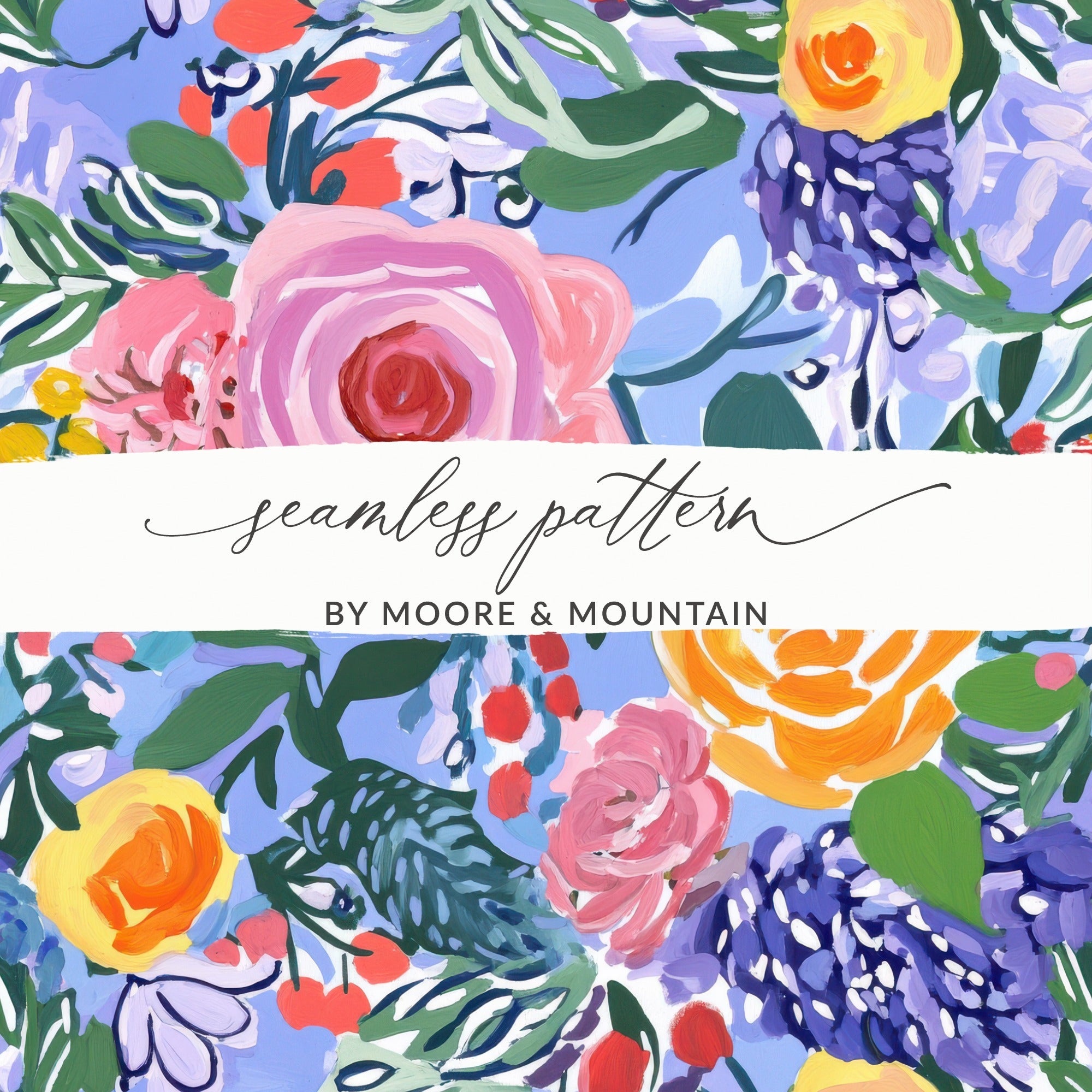 Fine Art Floral Seamless Pattern, Blue Pink Orange, Digital Paper, Gouache Floral Print, Fabric Design, Scrapbooking Paper - Moore and Mountain