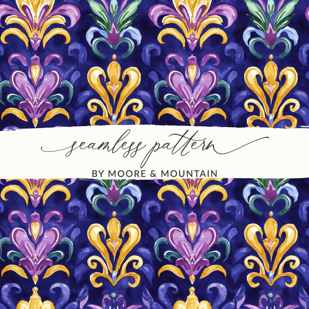 Fleur De Lis Digital Seamless Pattern, Watercolor Repeat, Royal Lily Design, Wallpaper Printable, Purple and Gold Digital, Fabric Design - Moore and Mountain