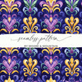 Fleur De Lis Digital Seamless Pattern, Watercolor Repeat, Royal Lily Design, Wallpaper Printable, Purple and Gold Digital, Fabric Design - Moore and Mountain