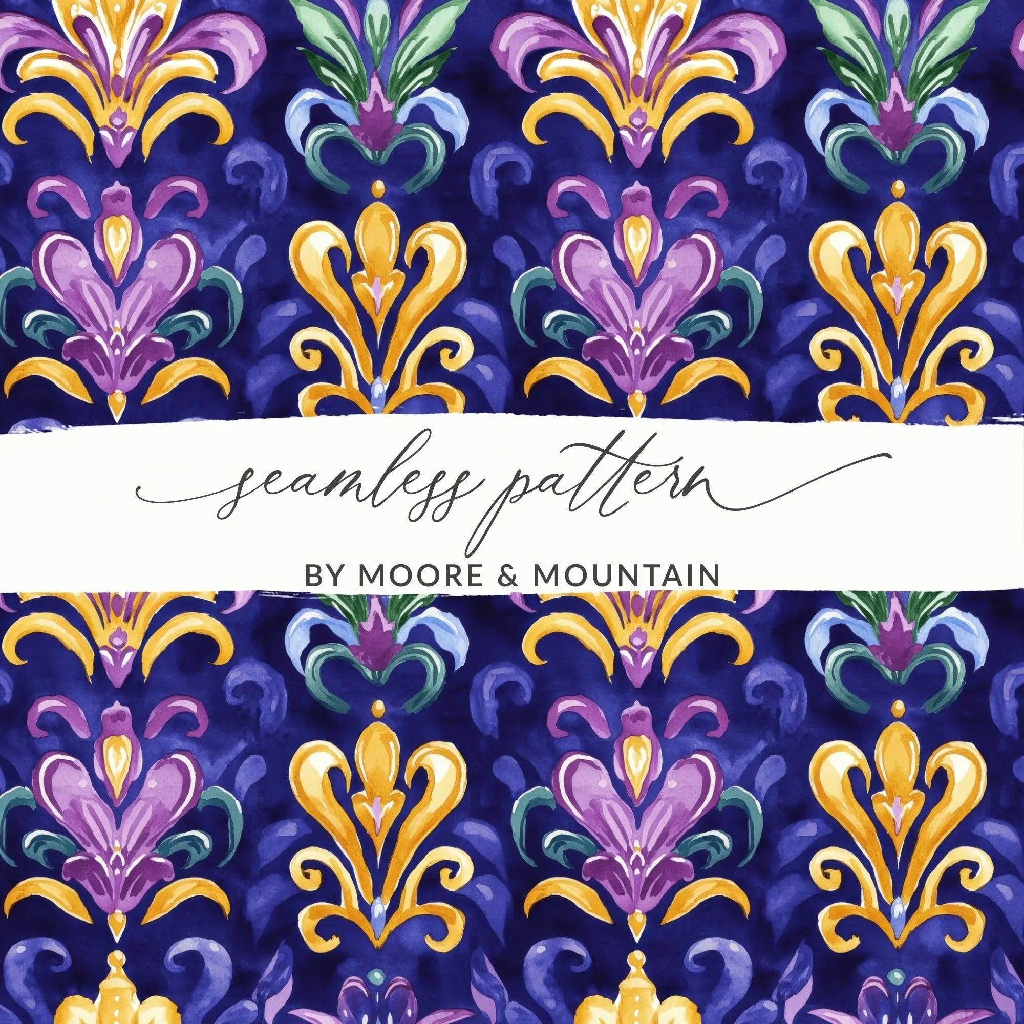 Fleur De Lis Digital Seamless Pattern, Watercolor Repeat, Royal Lily Design, Wallpaper Printable, Purple and Gold Digital, Fabric Design - Moore and Mountain
