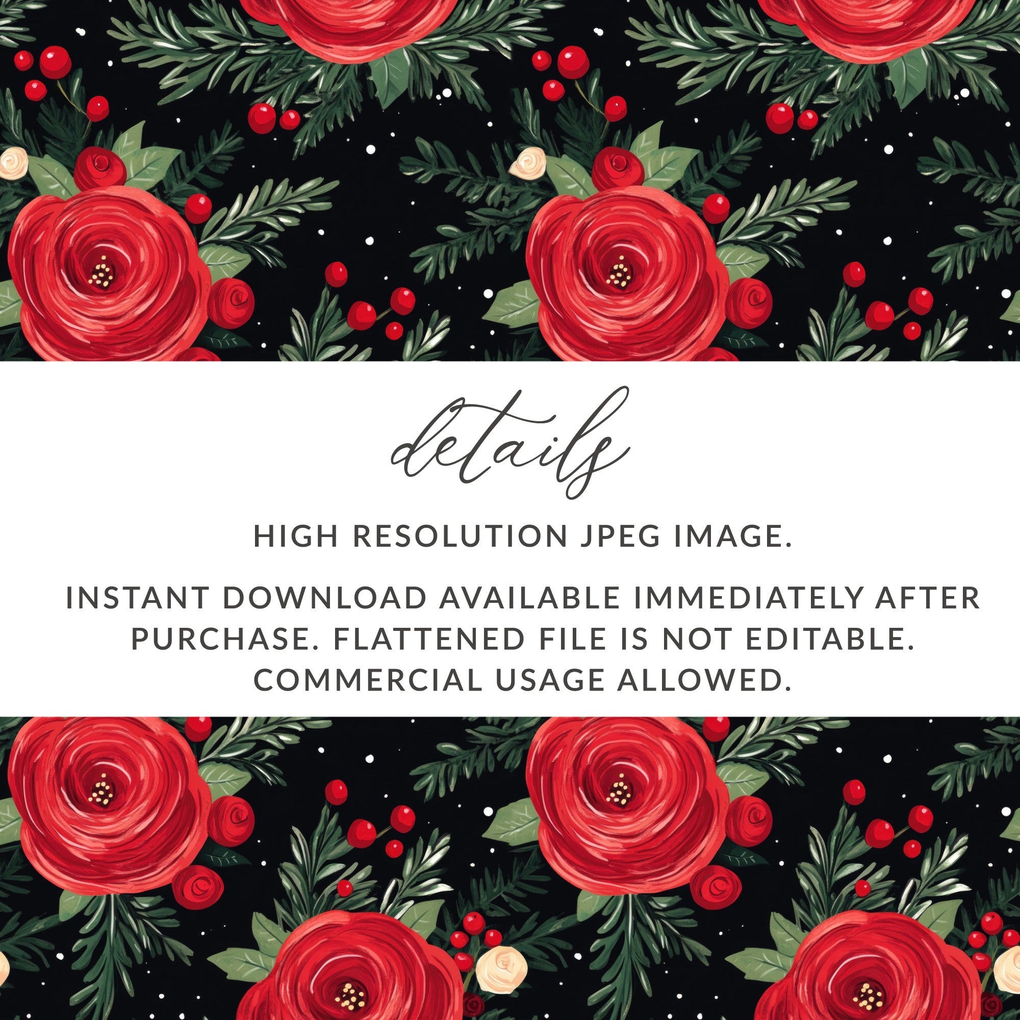 Floral Arrangement on Black Background Artful Design with red roses and green foliage on black background pattern.