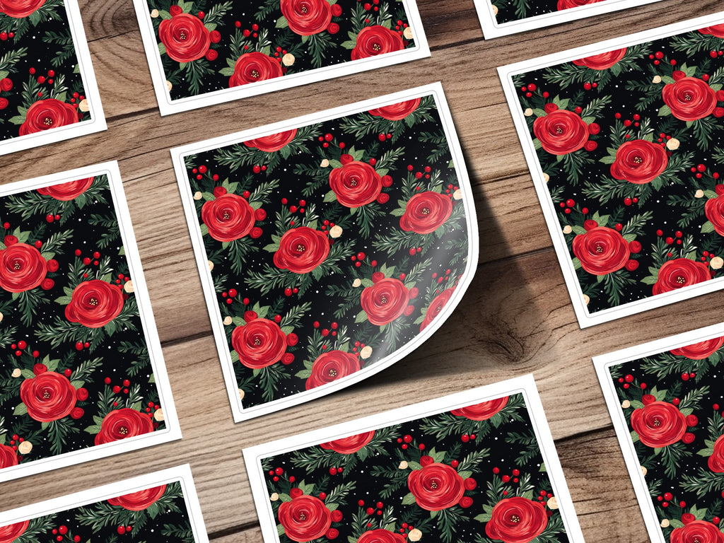 Floral Arrangement on Black Background Artful Design featuring red roses and green foliage on black with white border prints on wood surface