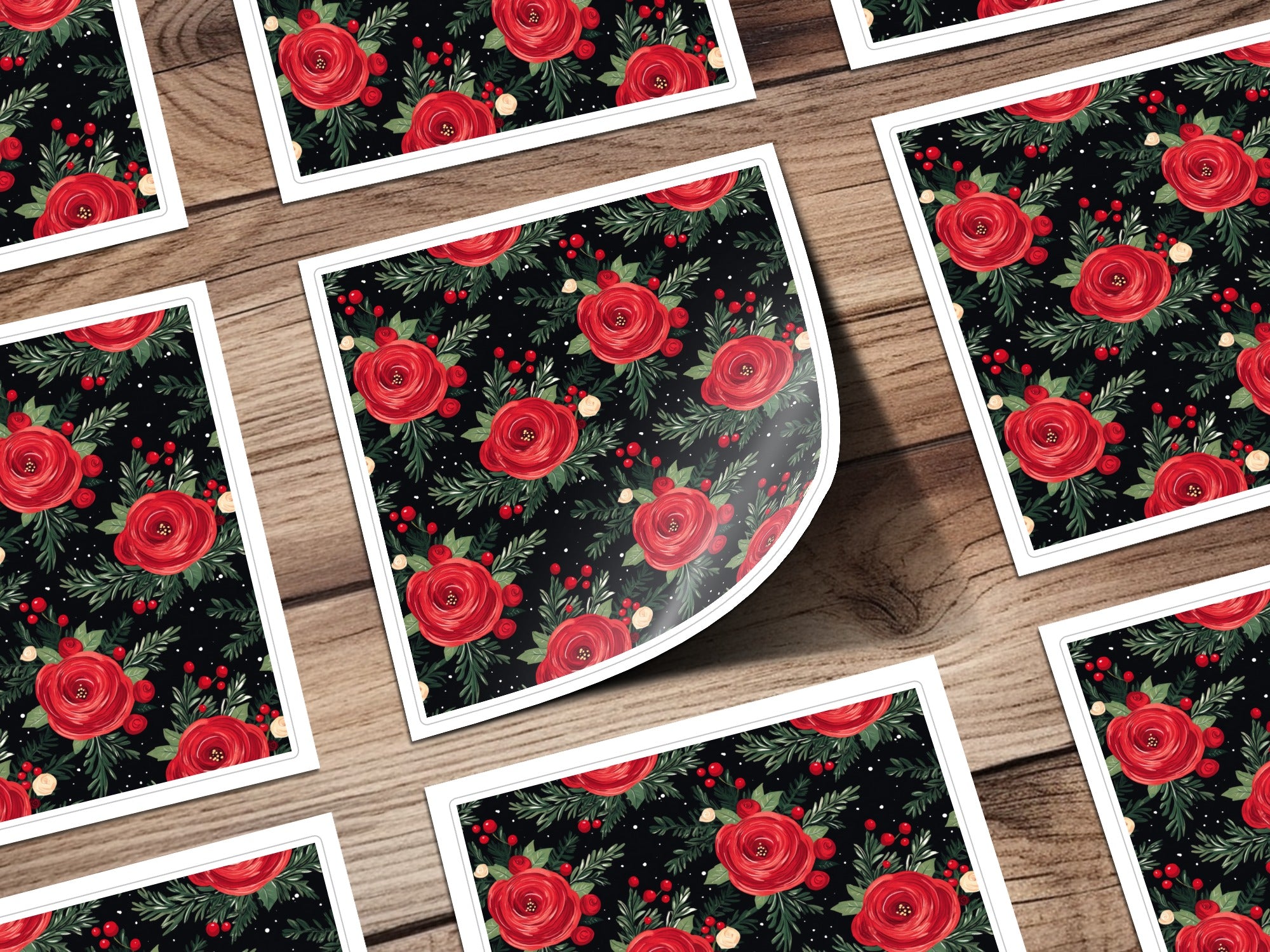 Floral Arrangement on Black Background Artful Design featuring red roses and green foliage on black with white border prints on wood surface