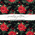 Floral Arrangement on Black Background Artful Design featuring red roses and green foliage in a seamless pattern.