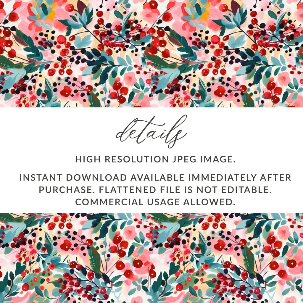 Floral Berries Digital Paper, Seamless Pattern Design, Watercolor Flowers, Repeating Texture, Printable Backgrounds, Digital Download - Moore and Mountain