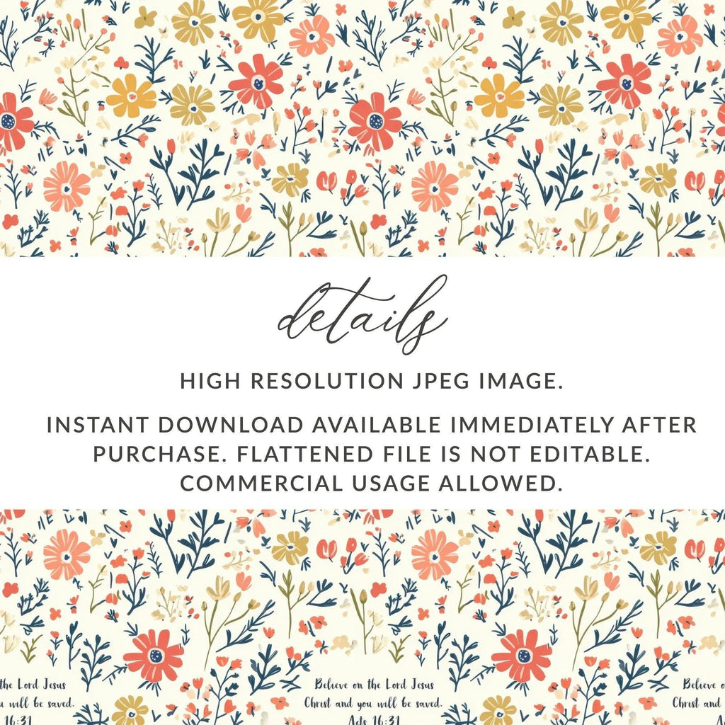 Floral Bible Verse Digital Paper, Acts 16 31, Seamless Pattern, Scripture Digital Download, Commercial Use, Print On Demand, Flowers - Moore and Mountain