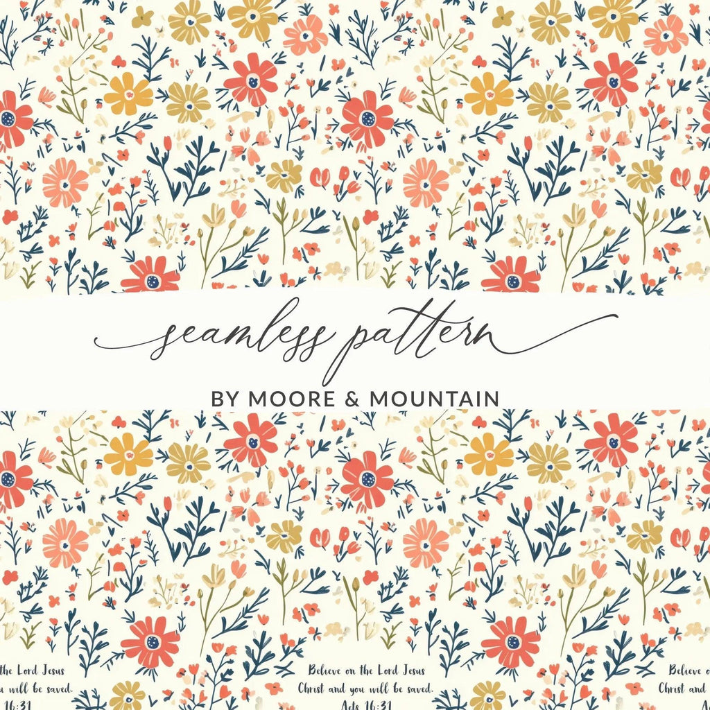 Floral Bible Verse Digital Paper, Acts 16 31, Seamless Pattern, Scripture Digital Download, Commercial Use, Print On Demand, Flowers - Moore and Mountain