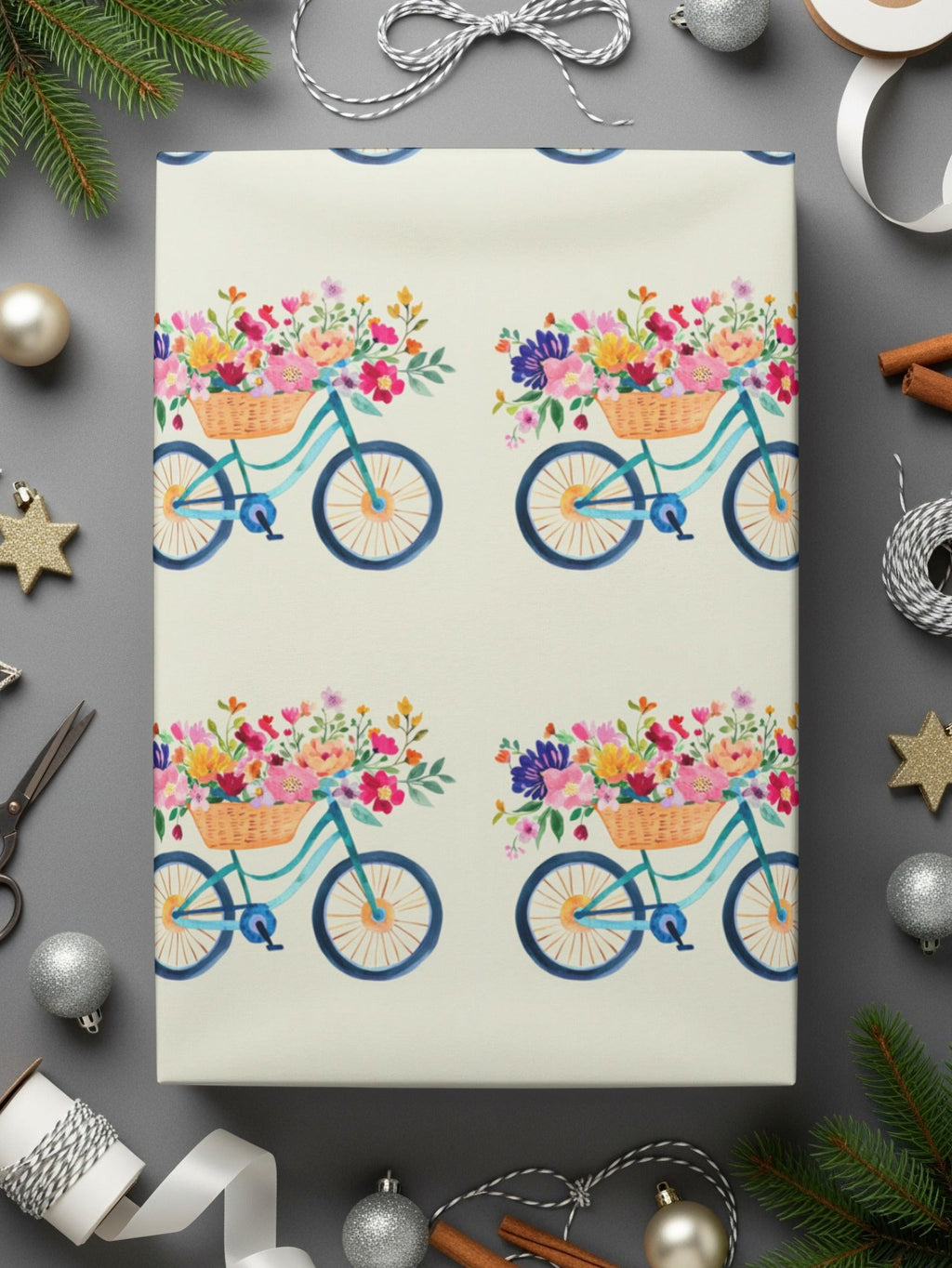 Floral Bicycle Digital Paper, Seamless Bike Pattern, Watercolor Flower Basket, Spring Digital Background, Digital Download - Moore and Mountain