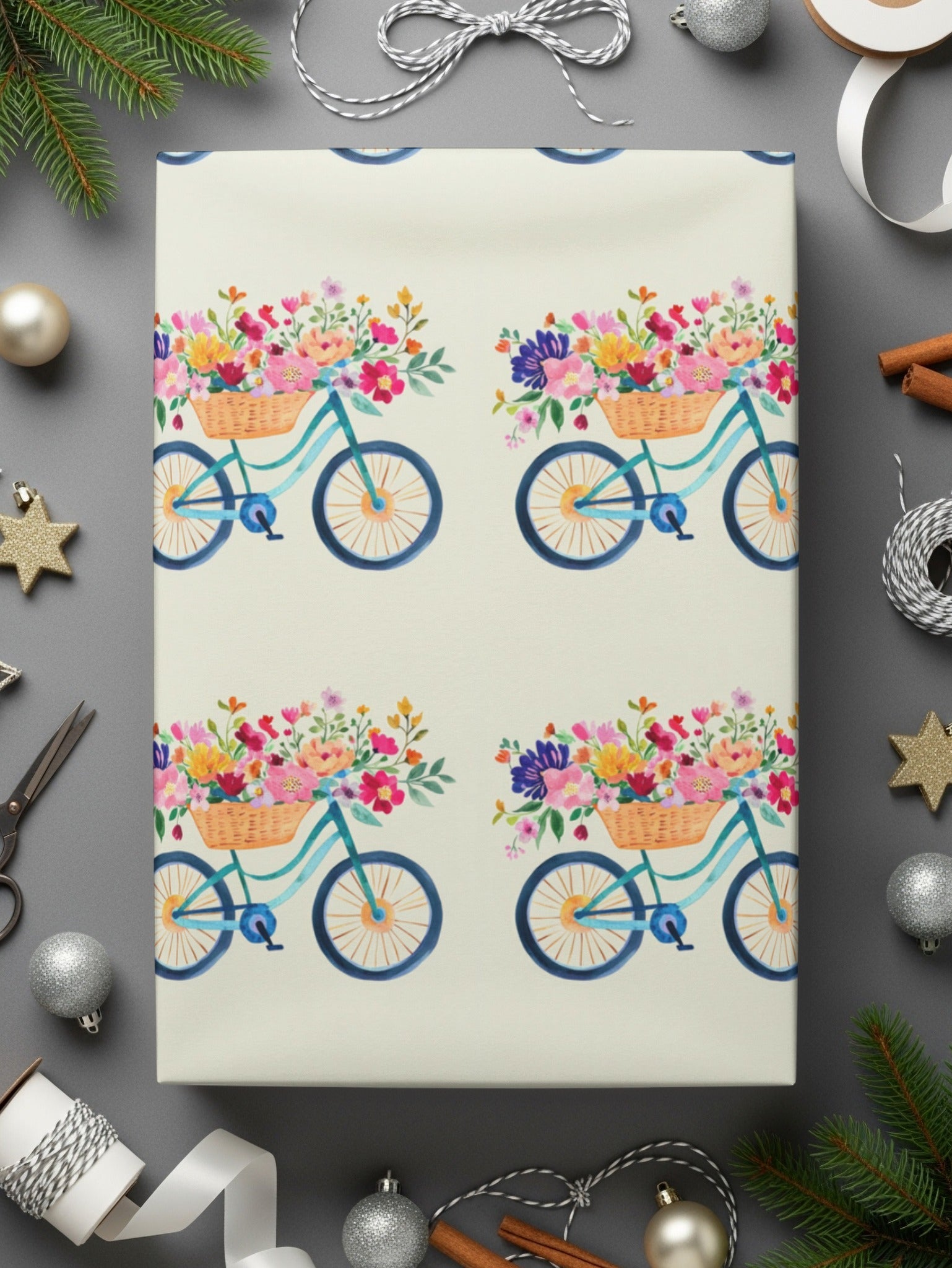 Floral Bicycle Digital Paper, Seamless Bike Pattern, Watercolor Flower Basket, Spring Digital Background, Digital Download - Moore and Mountain