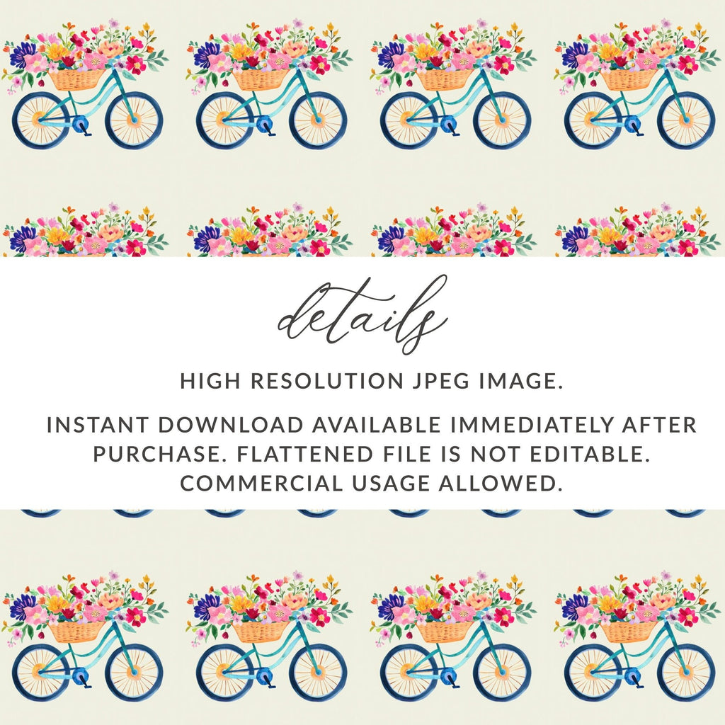 Floral Bicycle Digital Paper, Seamless Bike Pattern, Watercolor Flower Basket, Spring Digital Background, Digital Download - Moore and Mountain