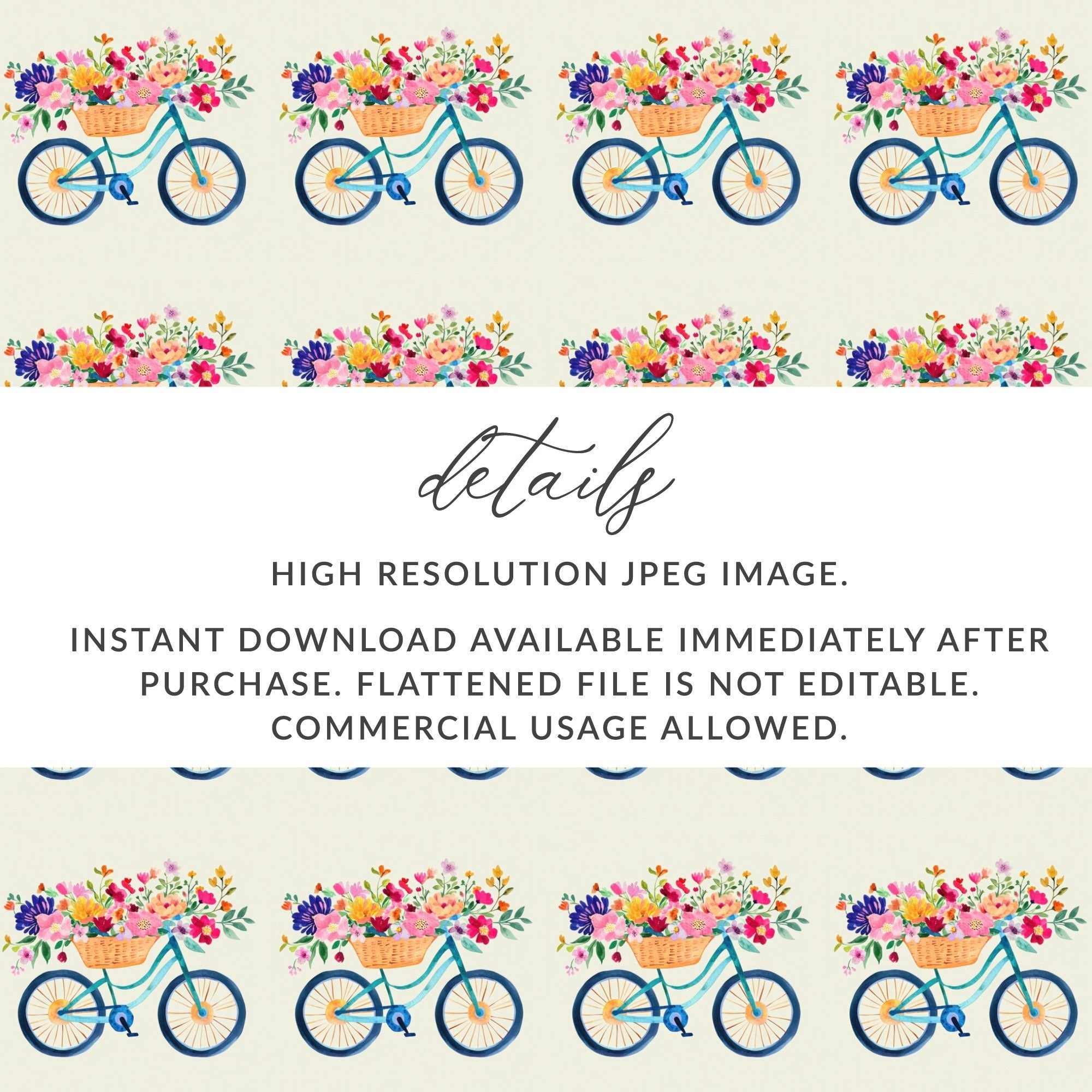 Floral Bicycle Digital Paper, Seamless Bike Pattern, Watercolor Flower Basket, Spring Digital Background, Digital Download - Moore and Mountain