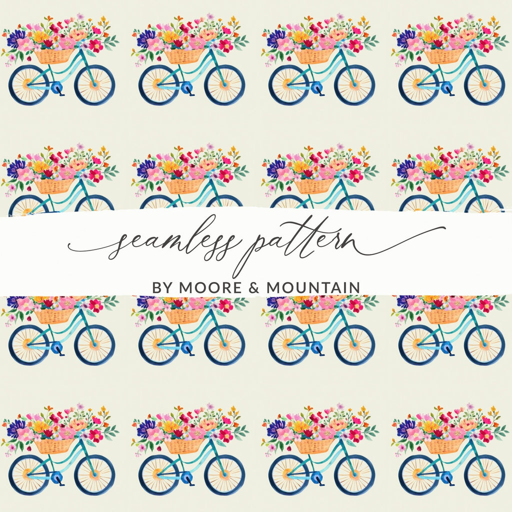 Floral Bicycle Digital Paper, Seamless Bike Pattern, Watercolor Flower Basket, Spring Digital Background, Digital Download - Moore and Mountain