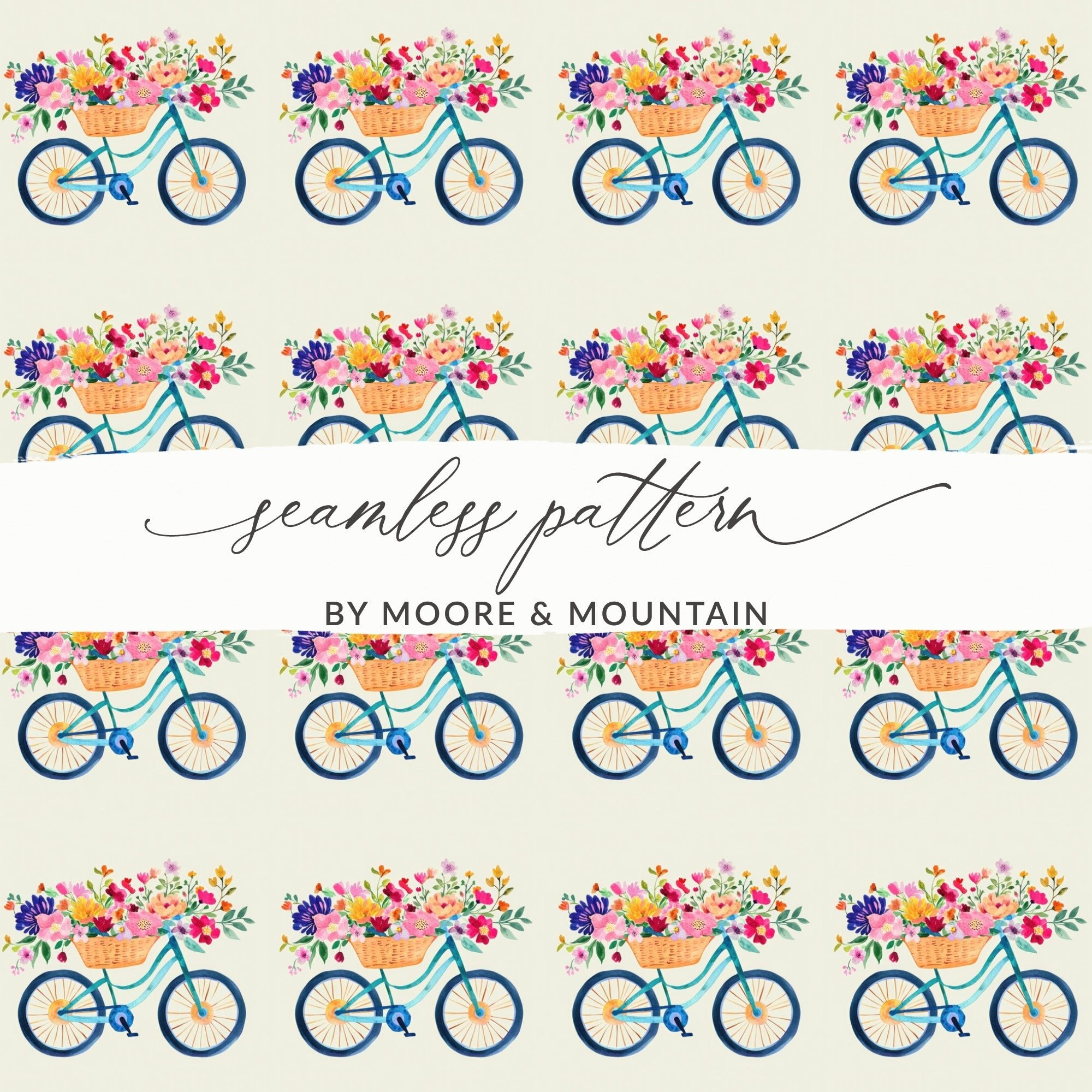 Floral Bicycle Digital Paper, Seamless Bike Pattern, Watercolor Flower Basket, Spring Digital Background, Digital Download - Moore and Mountain