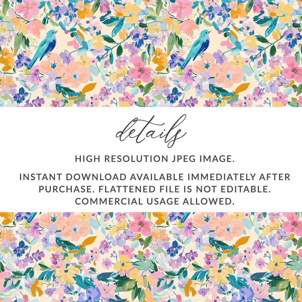 Floral Bird Digital Paper, Watercolor Flowers Seamless Pattern, Pastel Spring Fabric Design, Scrapbooking Paper Pack, Digital Download - Moore and Mountain