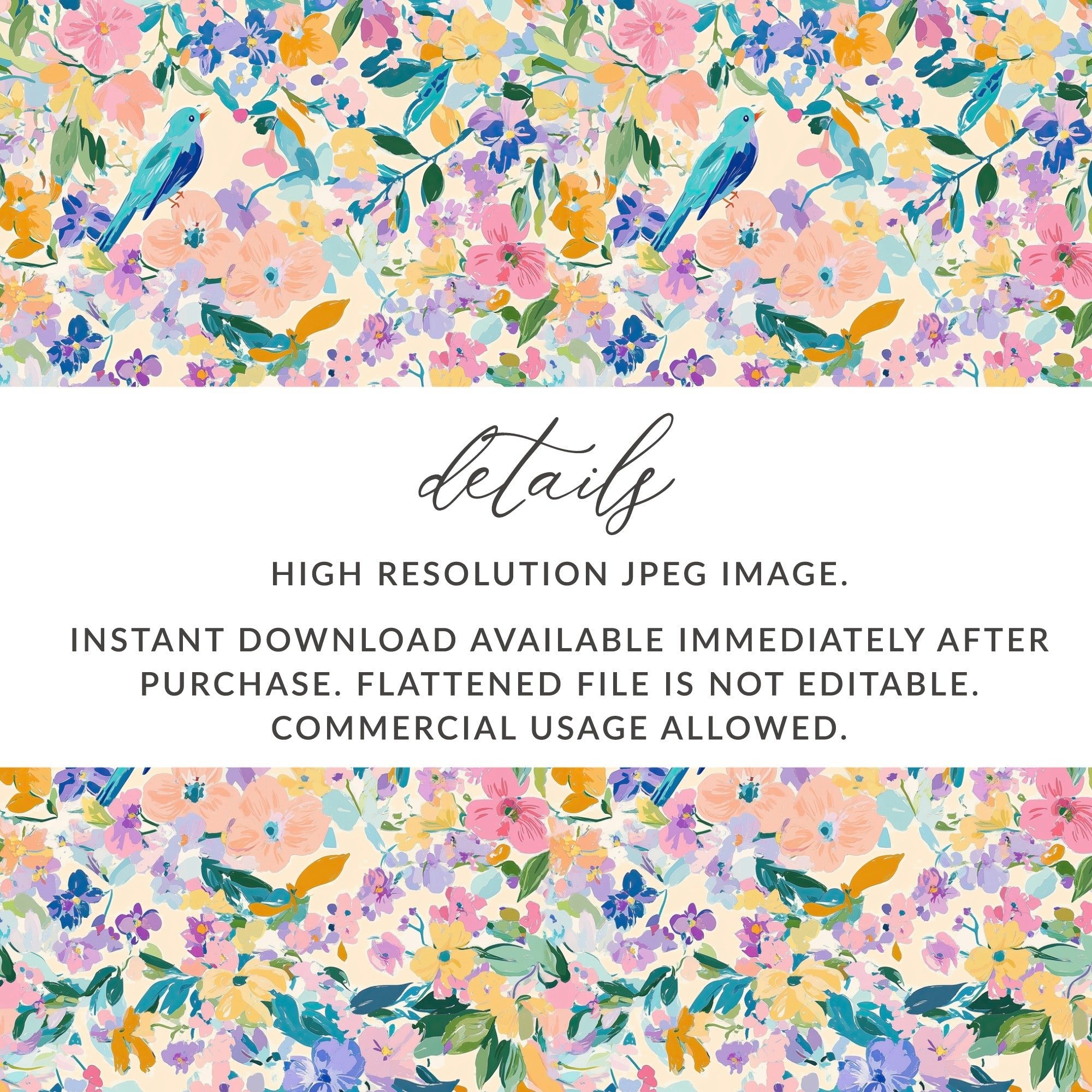 Floral Bird Digital Paper, Watercolor Flowers Seamless Pattern, Pastel Spring Fabric Design, Scrapbooking Paper Pack, Digital Download - Moore and Mountain