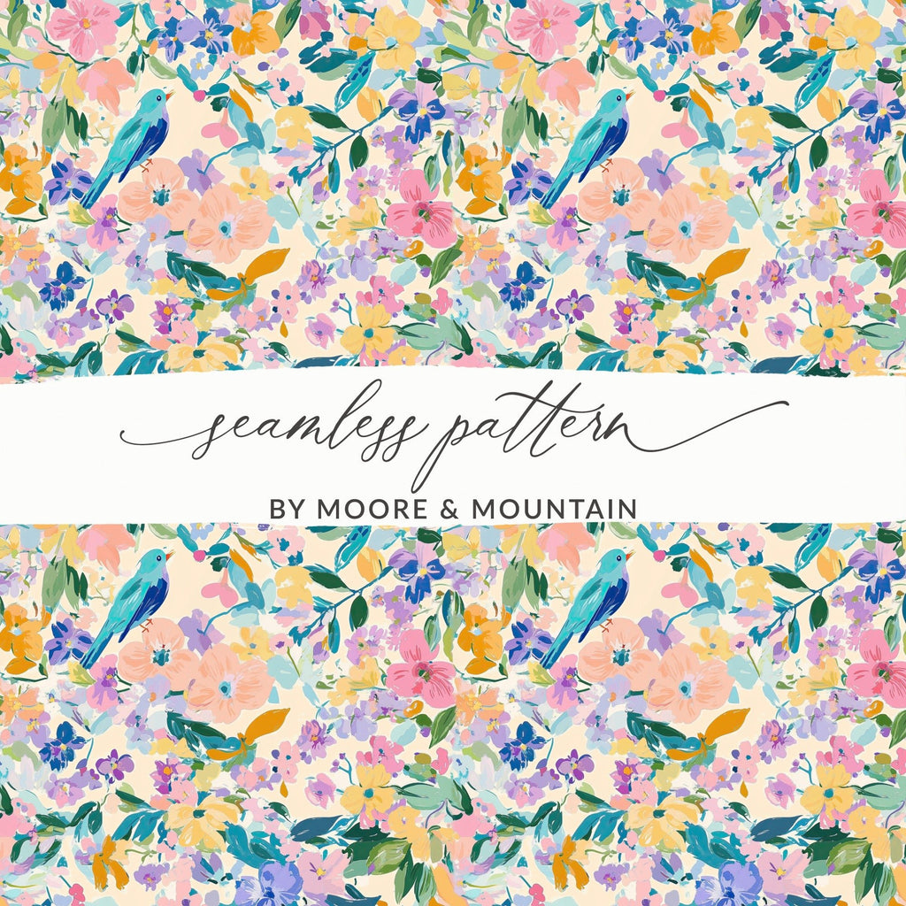 Floral Bird Digital Paper, Watercolor Flowers Seamless Pattern, Pastel Spring Fabric Design, Scrapbooking Paper Pack, Digital Download - Moore and Mountain
