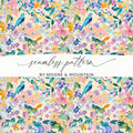 Floral Bird Digital Paper, Watercolor Flowers Seamless Pattern, Pastel Spring Fabric Design, Scrapbooking Paper Pack, Digital Download - Moore and Mountain