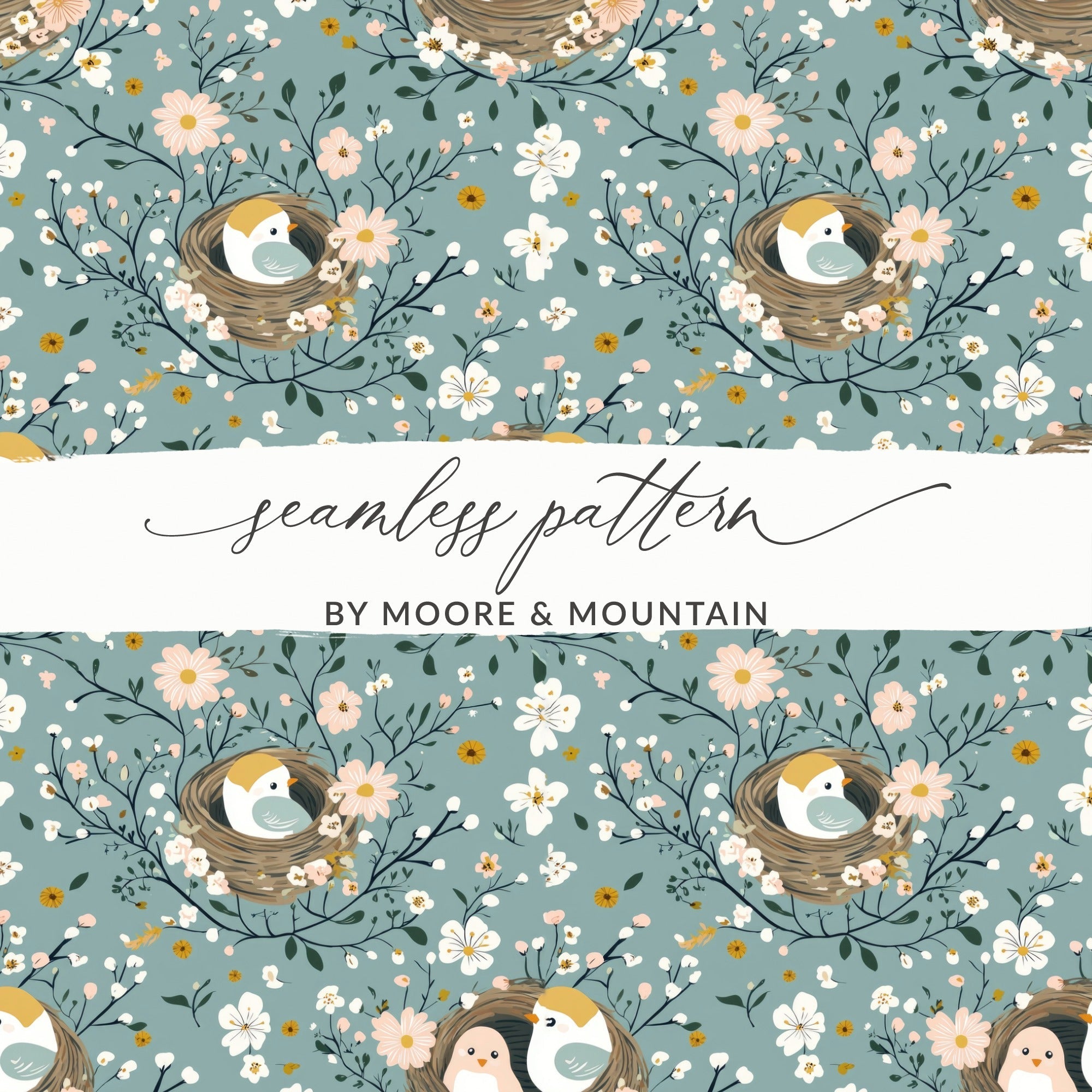 Floral Bird Nest Digital Paper, Seamless Pattern, Spring Flowers, Nursery Decor, Pastel Colors, Fabric Design, Scrapbooking, Backgrounds - Moore and Mountain
