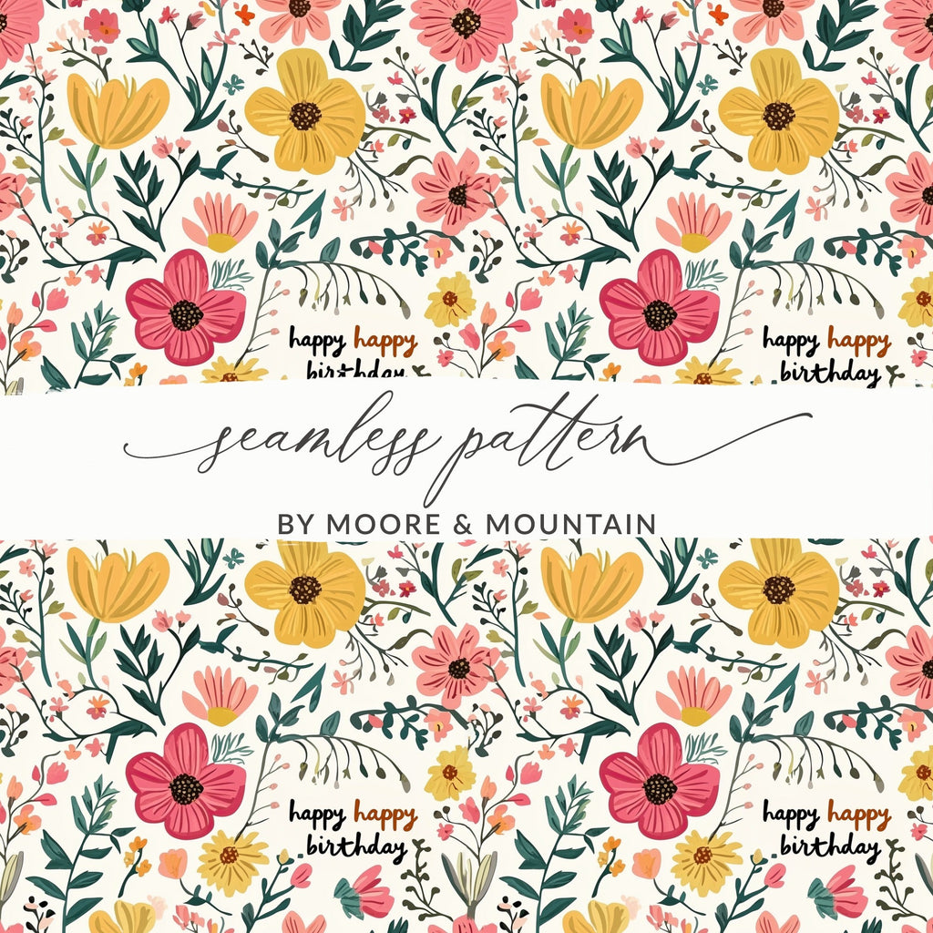 Floral Birthday Digital Paper, Pink Yellow Flower Seamless Pattern, Commercial Use, Digital Download, Scrapbook Paper (130) - Moore and Mountain