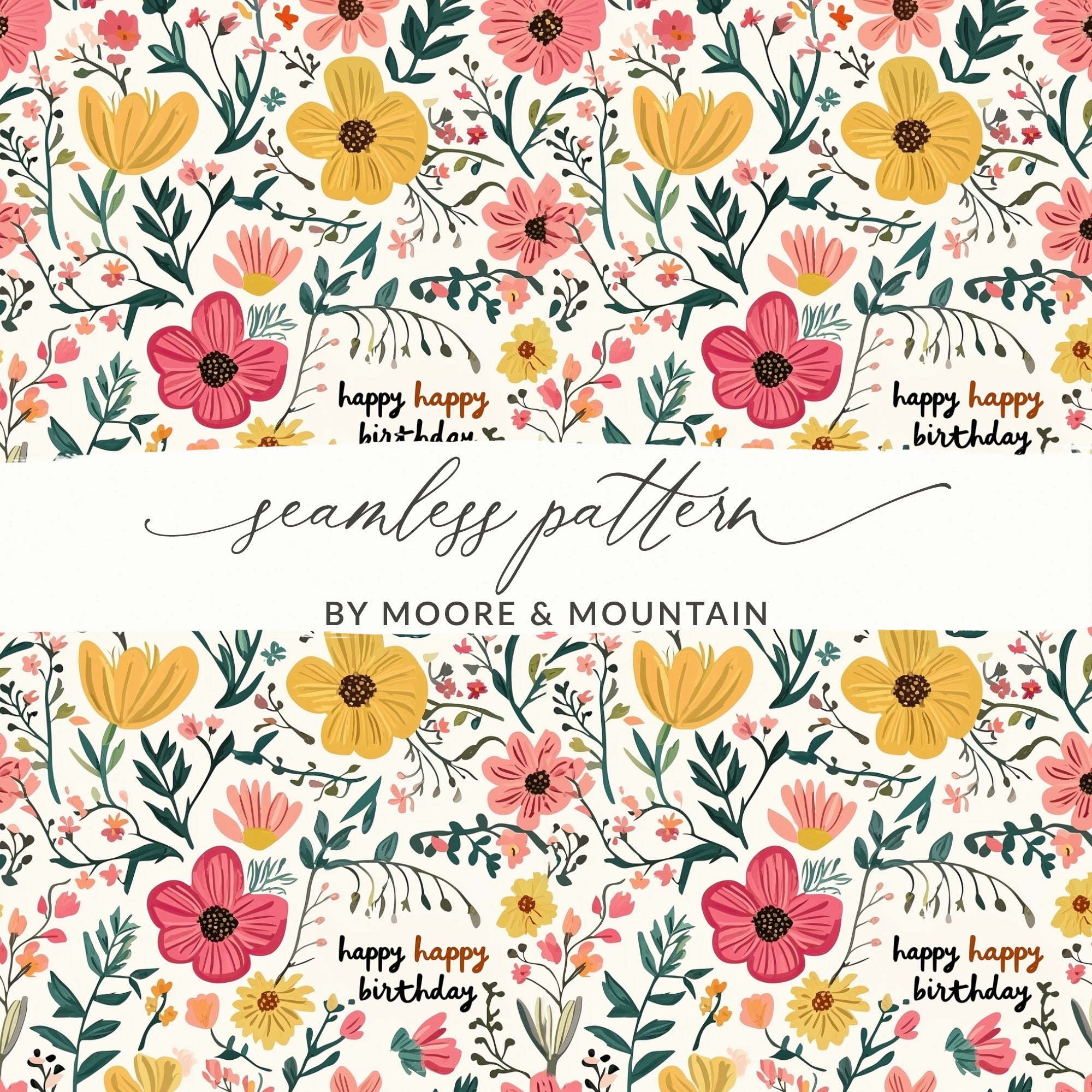 Floral Birthday Digital Paper, Pink Yellow Flower Seamless Pattern, Commercial Use, Digital Download, Scrapbook Paper (130) - Moore and Mountain