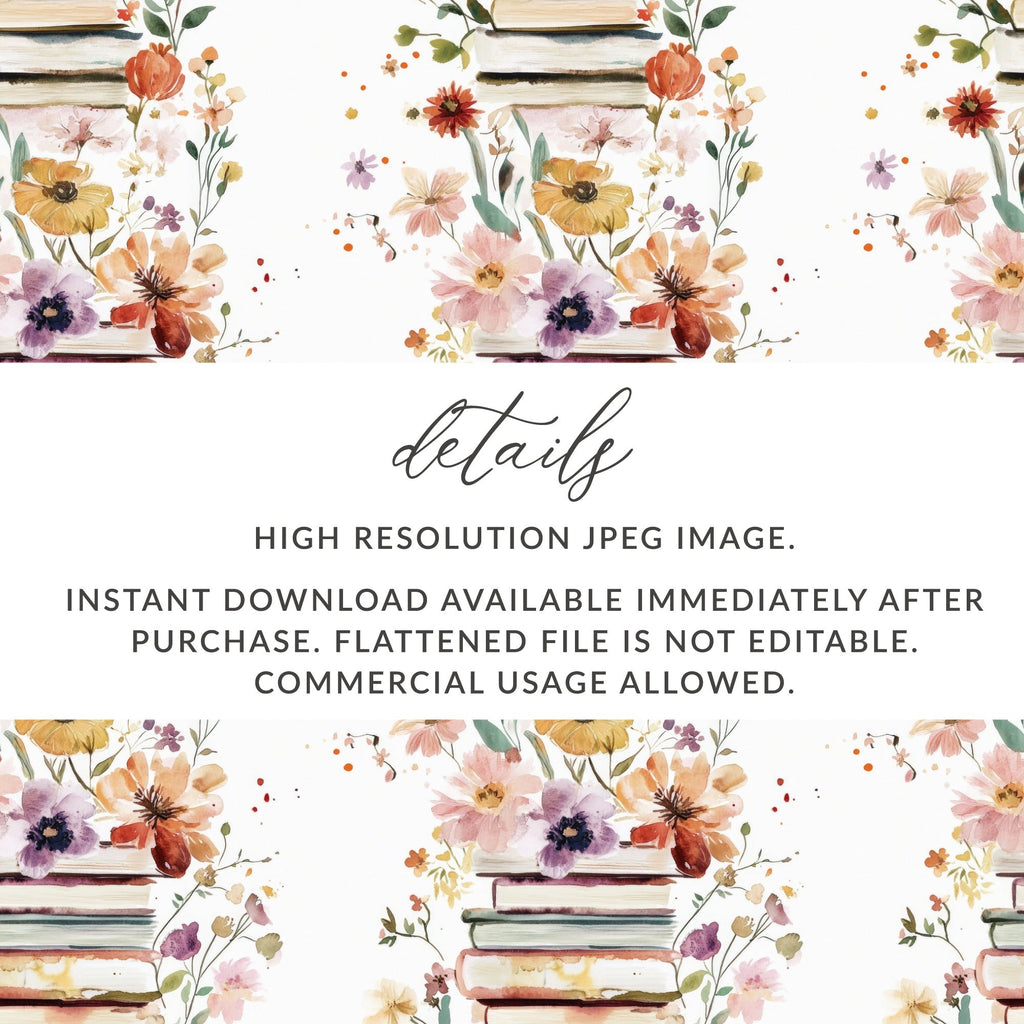 Floral Books Digital Paper, Seamless Book Pattern, Watercolor Flowers Design, Books and Flowers Pattern, Reading Theme Digital File - Moore and Mountain