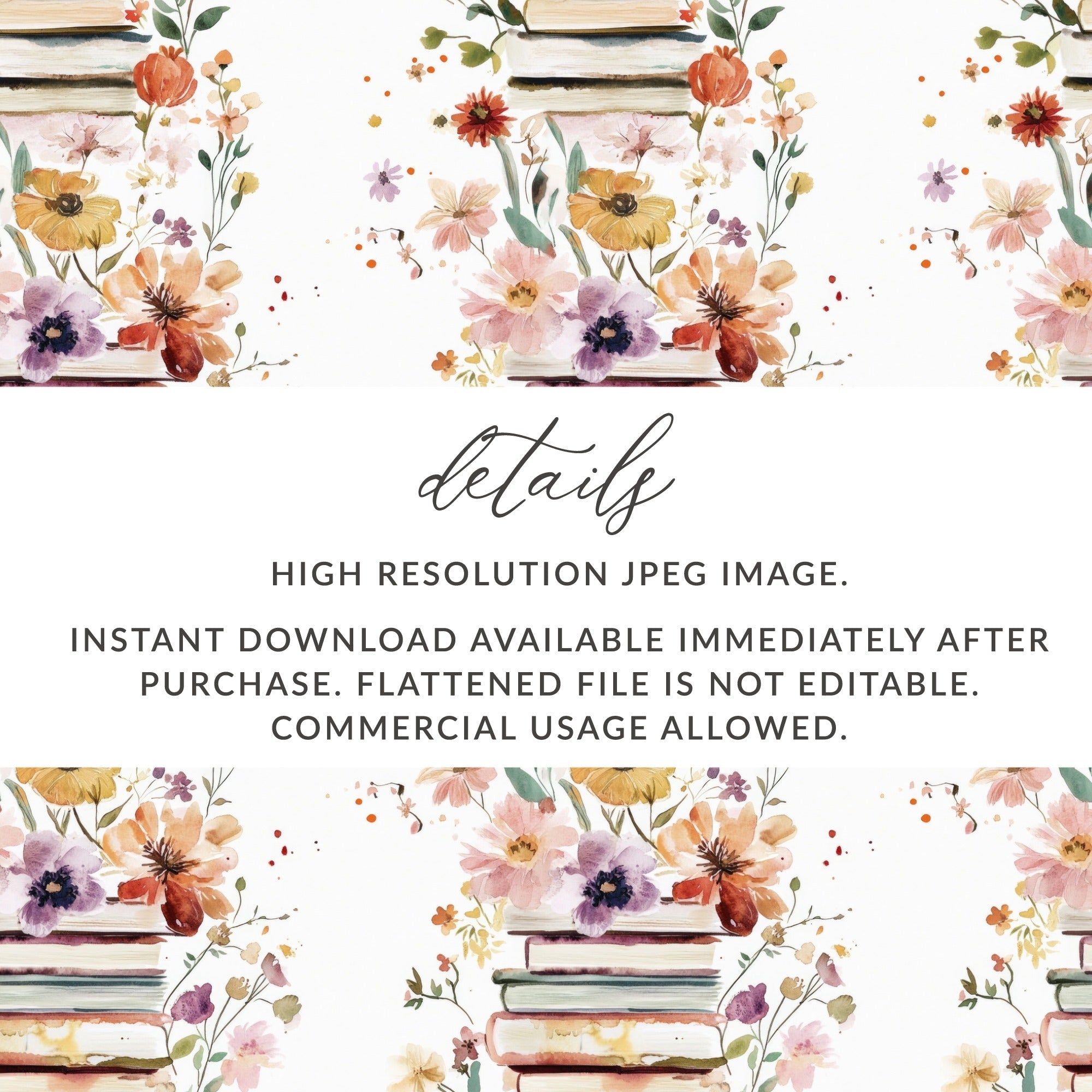 Floral Books Digital Paper, Seamless Book Pattern, Watercolor Flowers Design, Books and Flowers Pattern, Reading Theme Digital File - Moore and Mountain