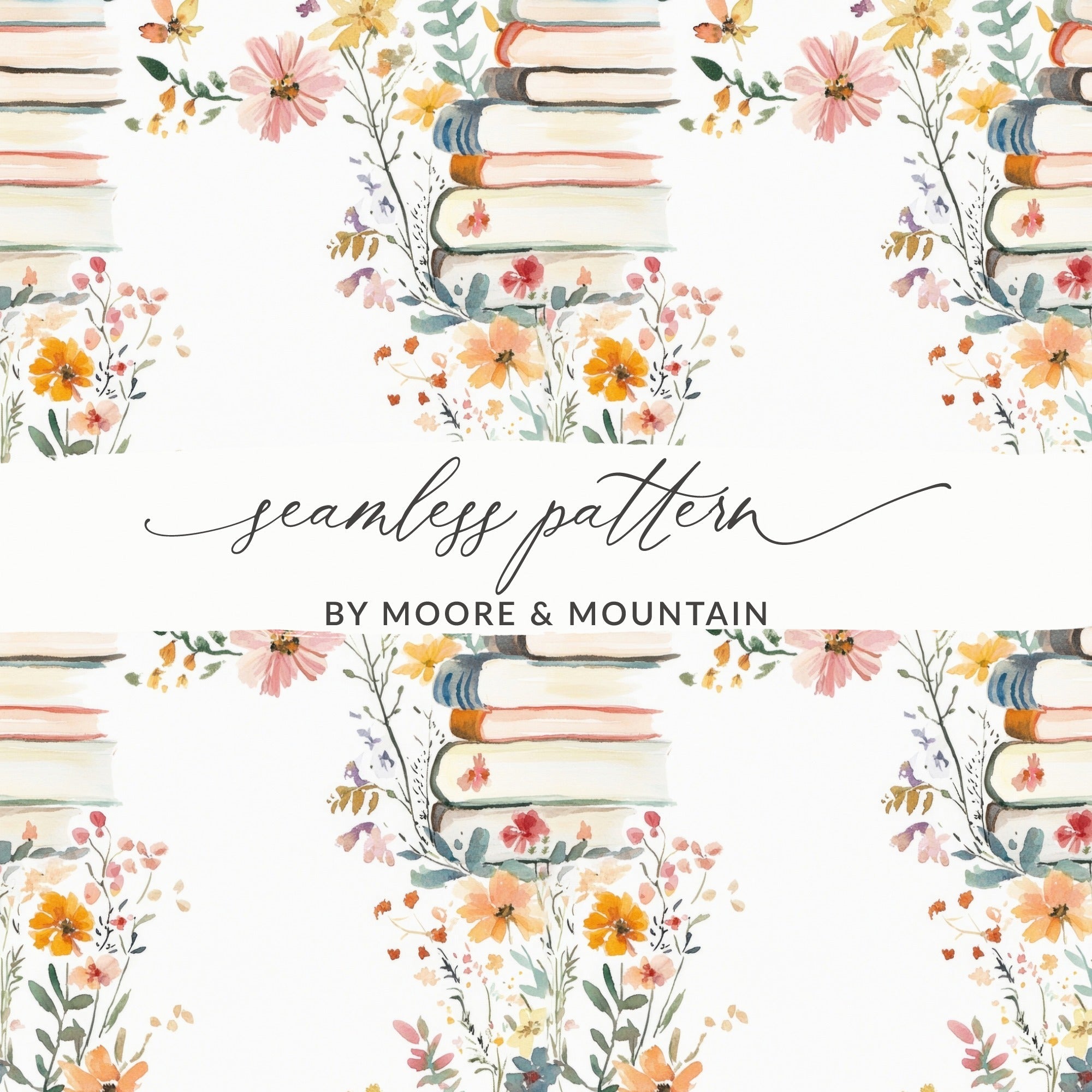 Floral Books Digital Paper, Seamless Pattern for Fabric, Watercolor Flowers Design, Floral Background, Digital Download - Moore and Mountain